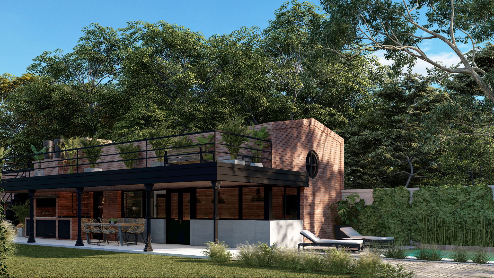 Render 3D: vivienda con ladrillo y volúmenes elevados
