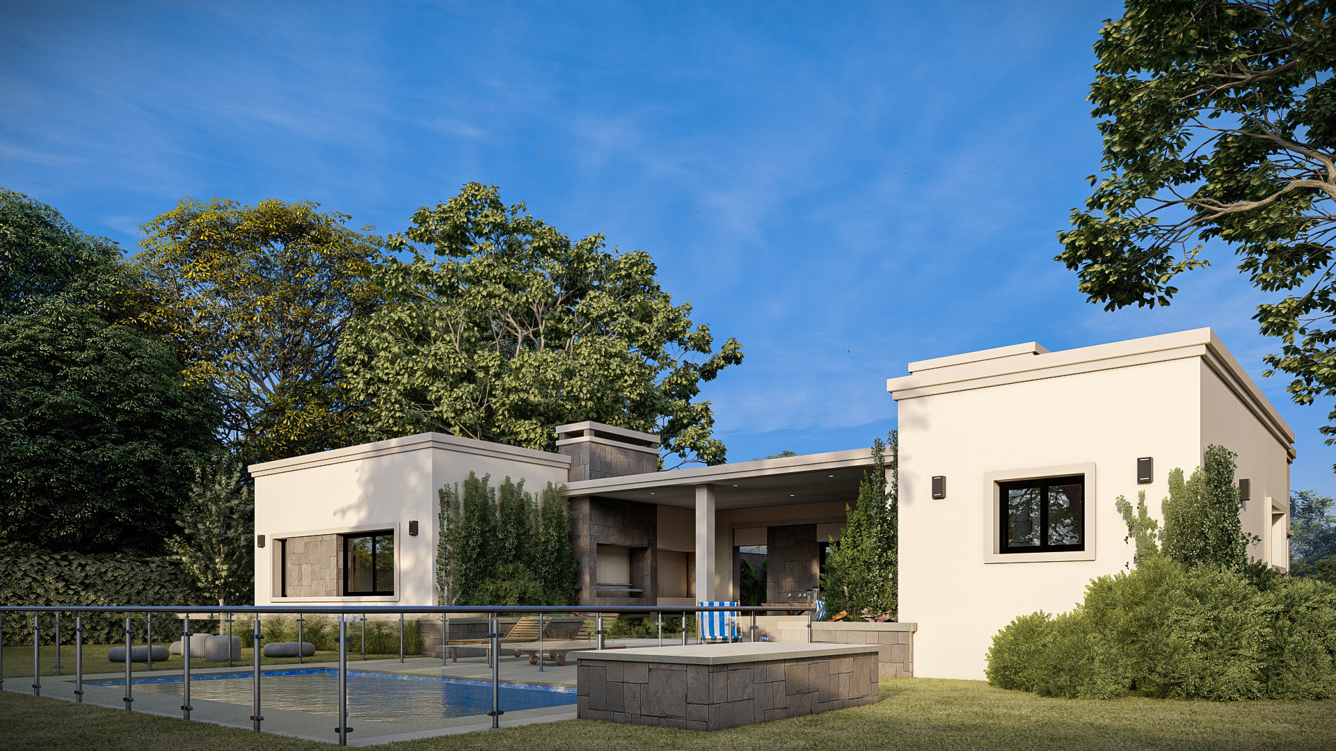 Render 3D: vivienda baja con cochera y vegetación