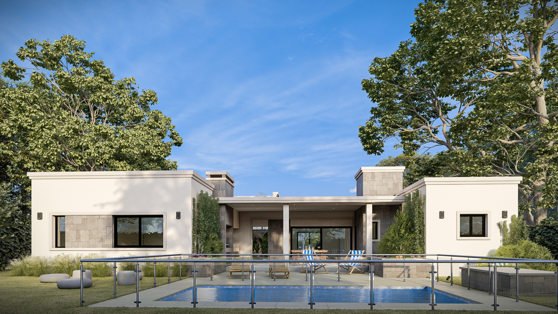 Render 3D: vivienda baja frente a piscina y jardín