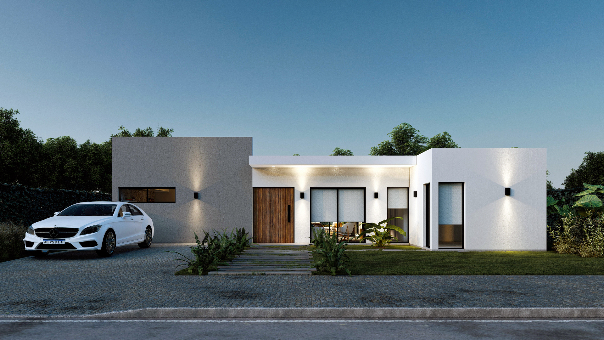 Render 3D: fachada baja con acceso iluminado de noche