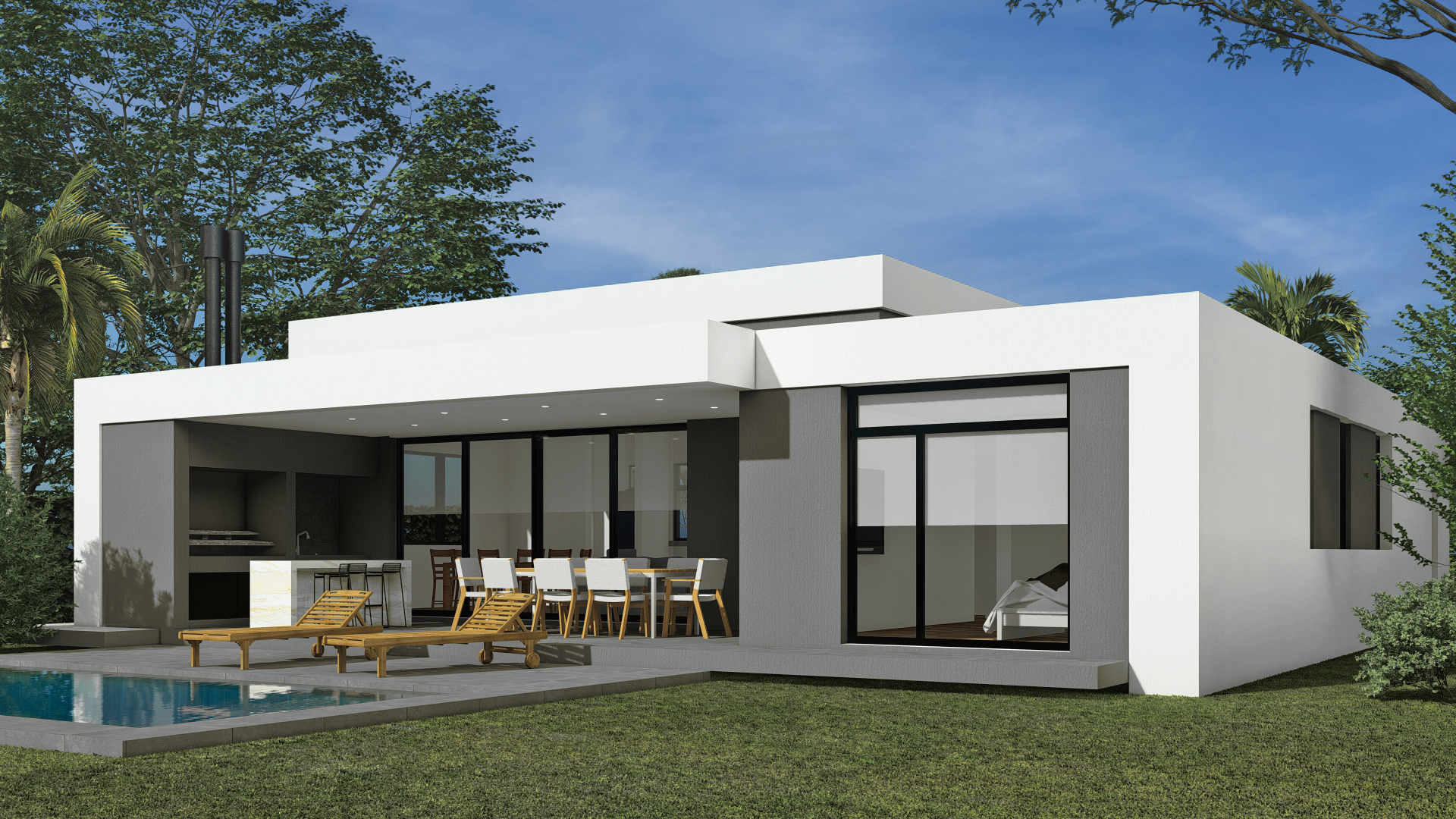 Render 3D: frente blanco y gris con cochera