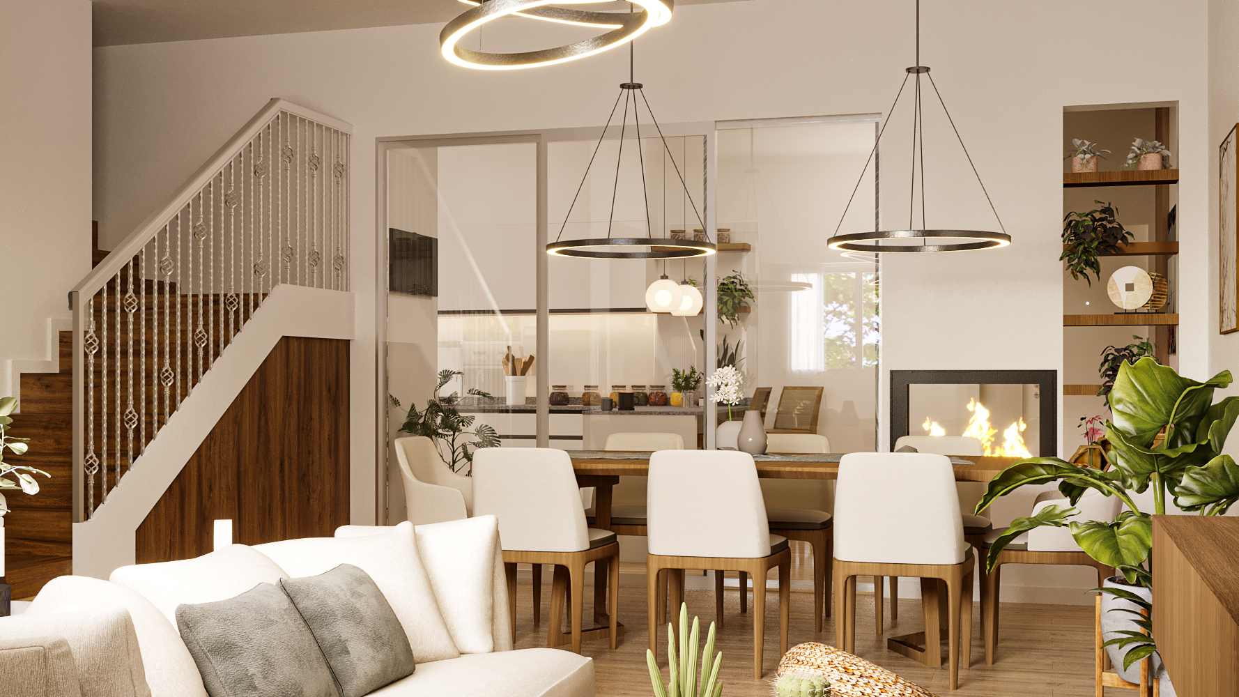 Render 3D: comedor con sillas claras y lámparas colgantes