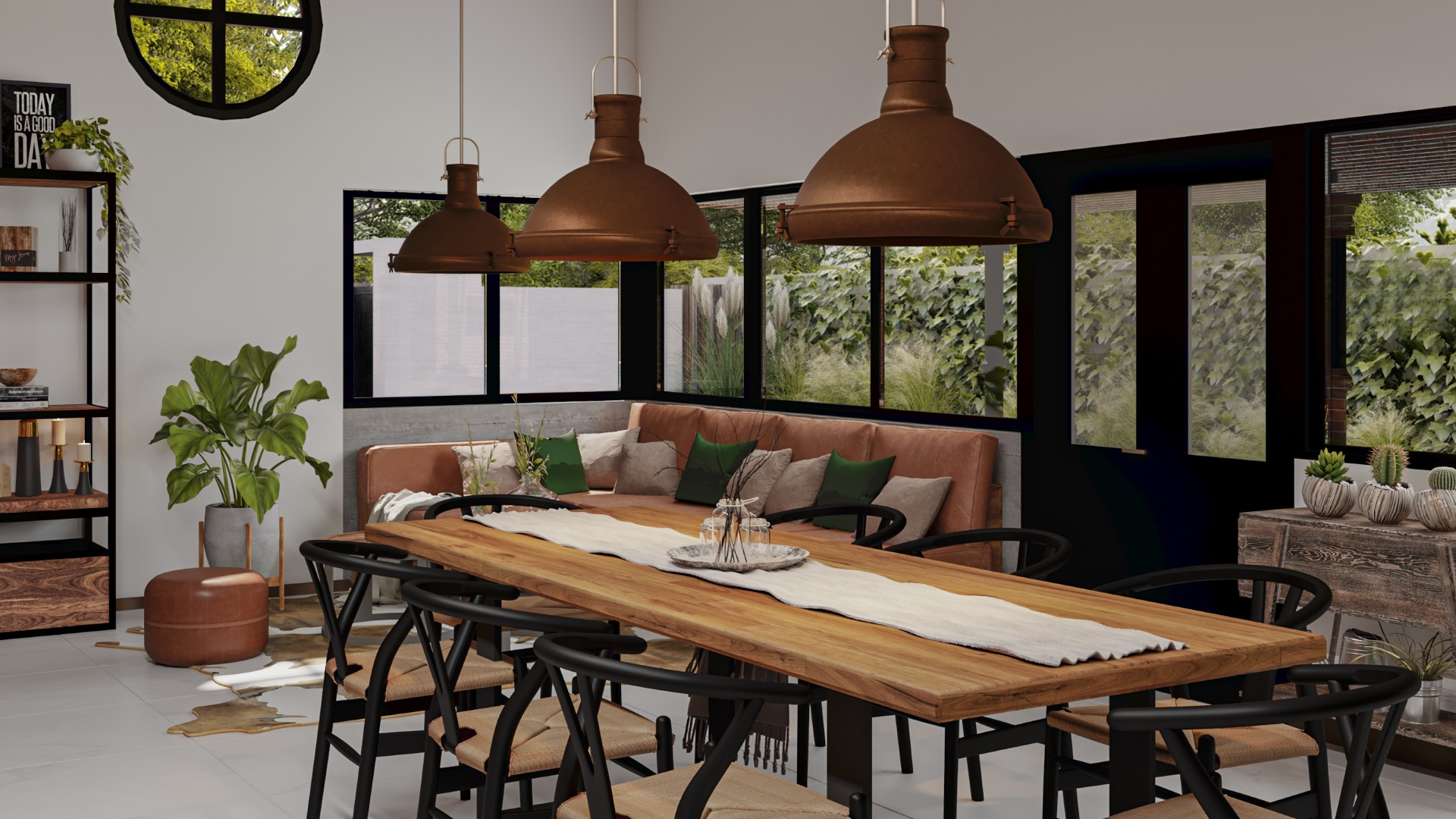 Render 3D: comedor con mesa de madera y lámparas colgantes