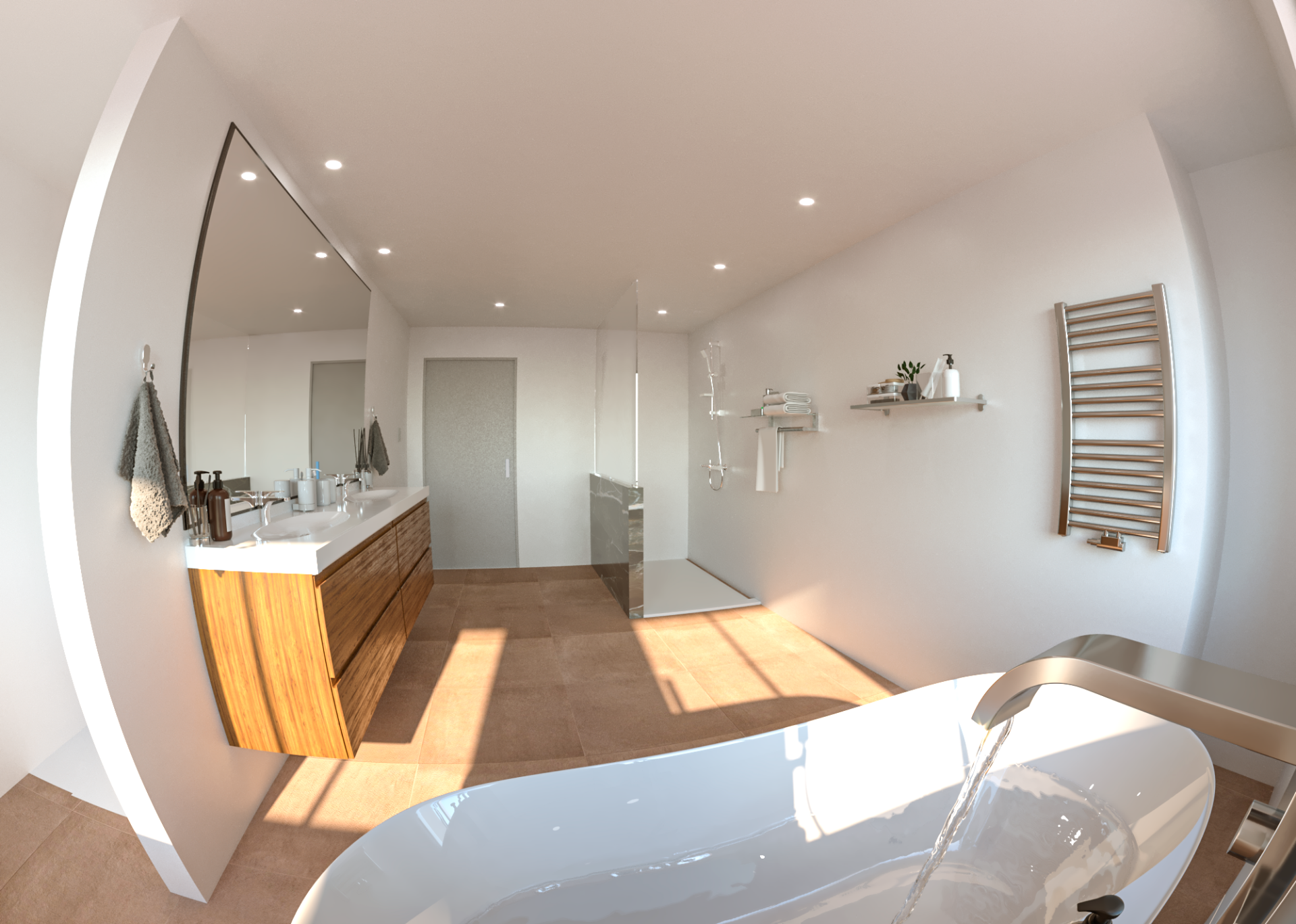 Render 3D: baño luminoso con bañera y amplias aberturas
