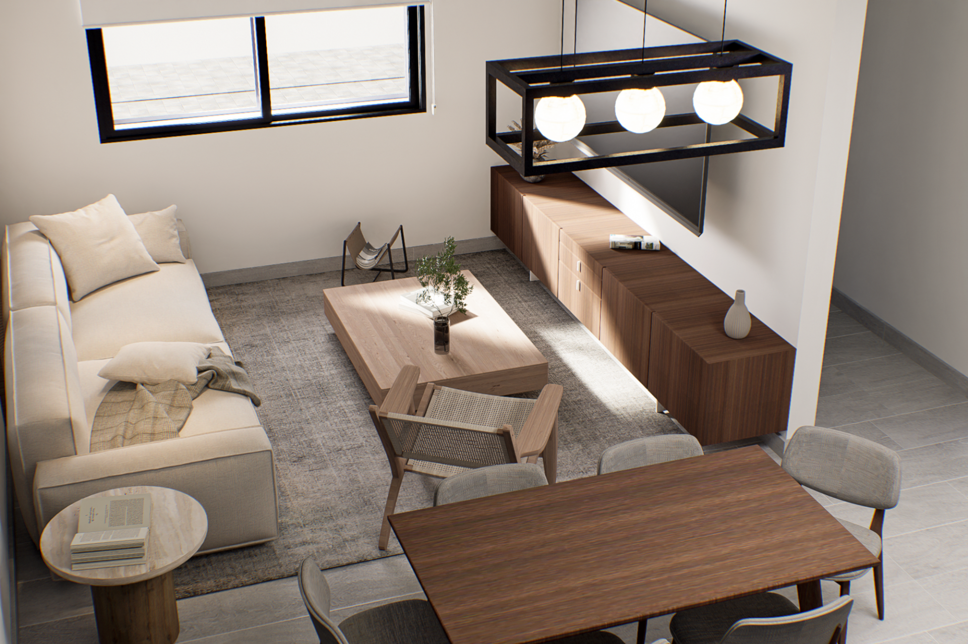 Render 3D: estar con sofá, mesa y mueble de televisión
