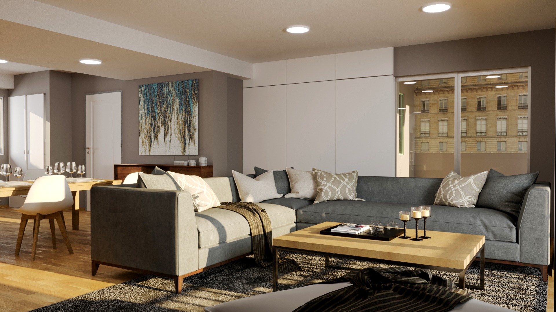 Render 3D: cocina y estar con isla y sillones
