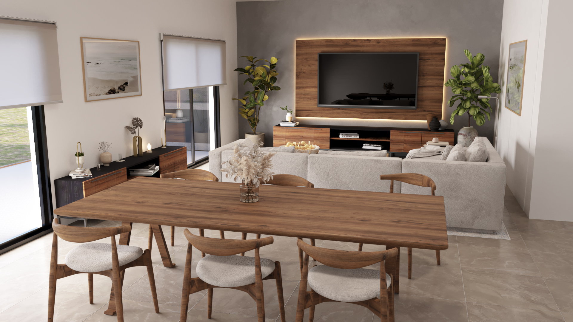 Render 3D: comedor con mesa de madera frente al estar