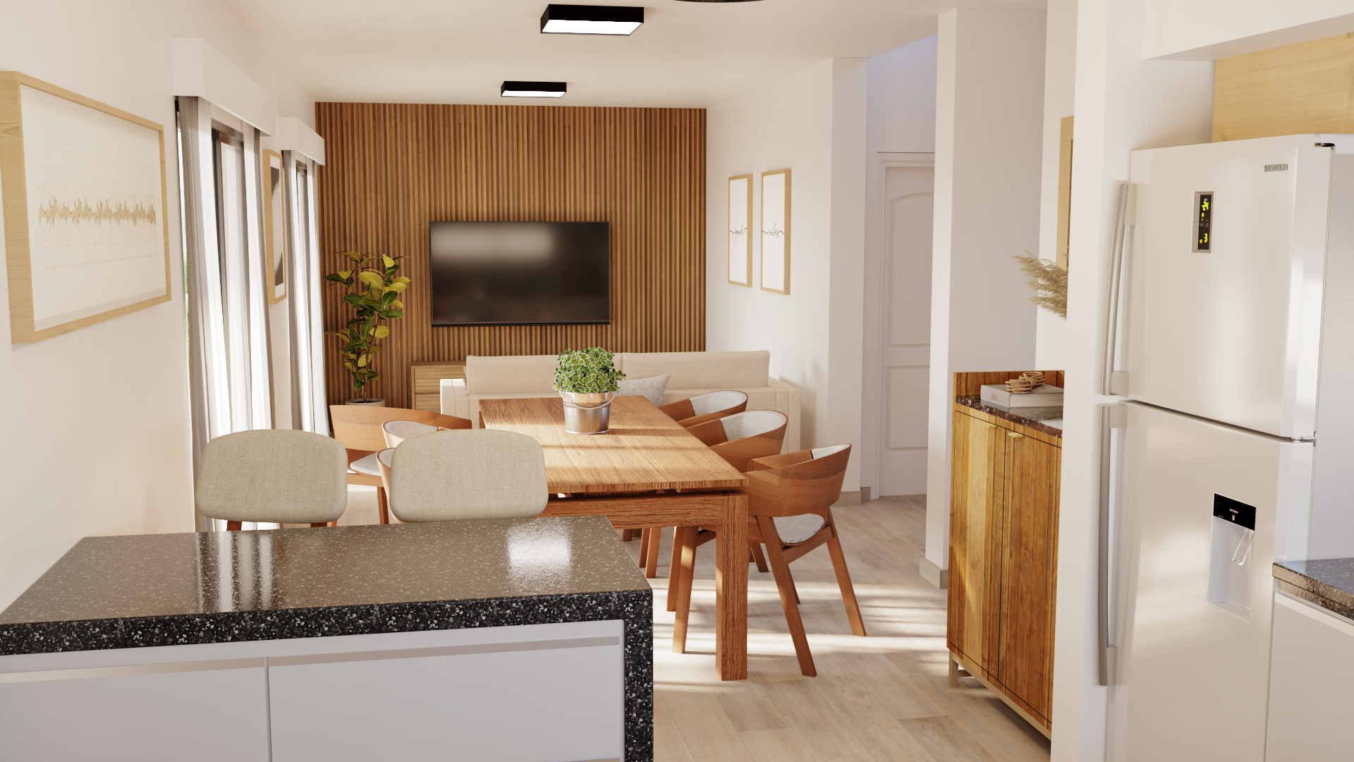 Render 3D: cocina abierta y comedor con mesa central