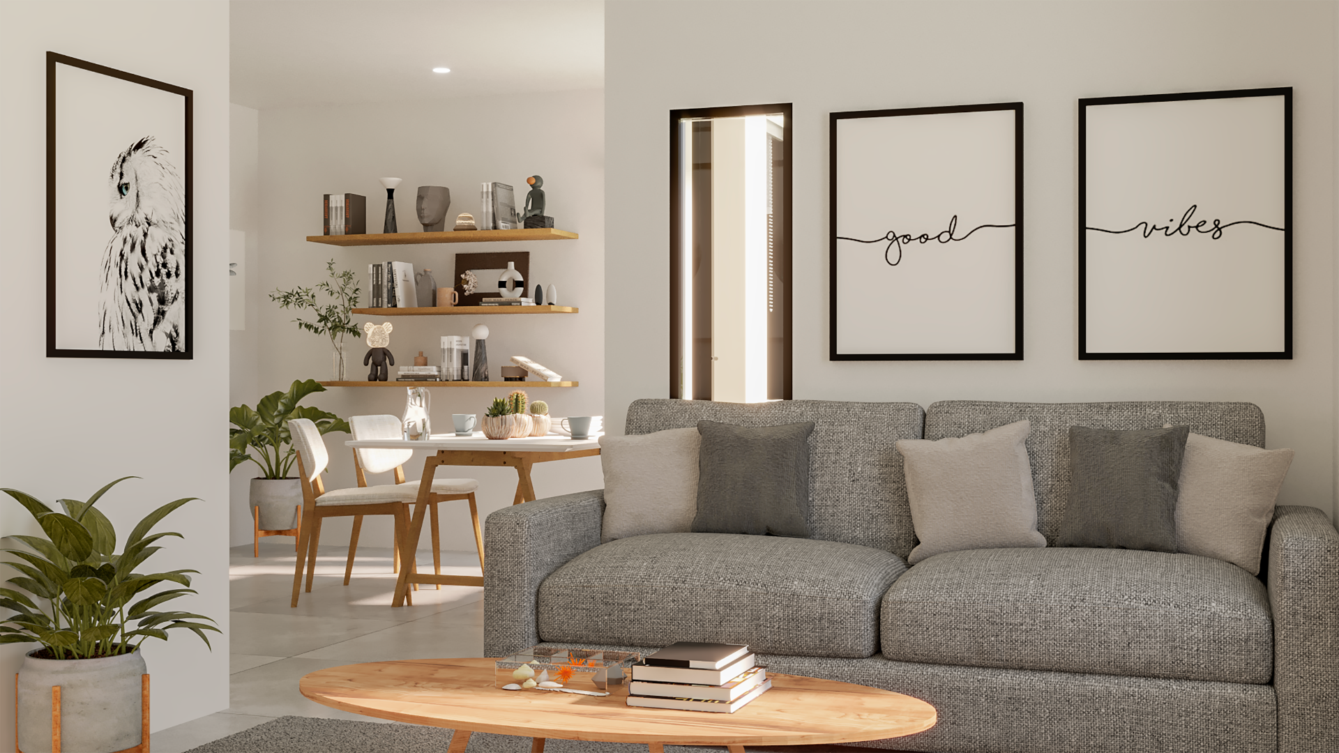 Render 3D: estar con sofá gris y cuadros