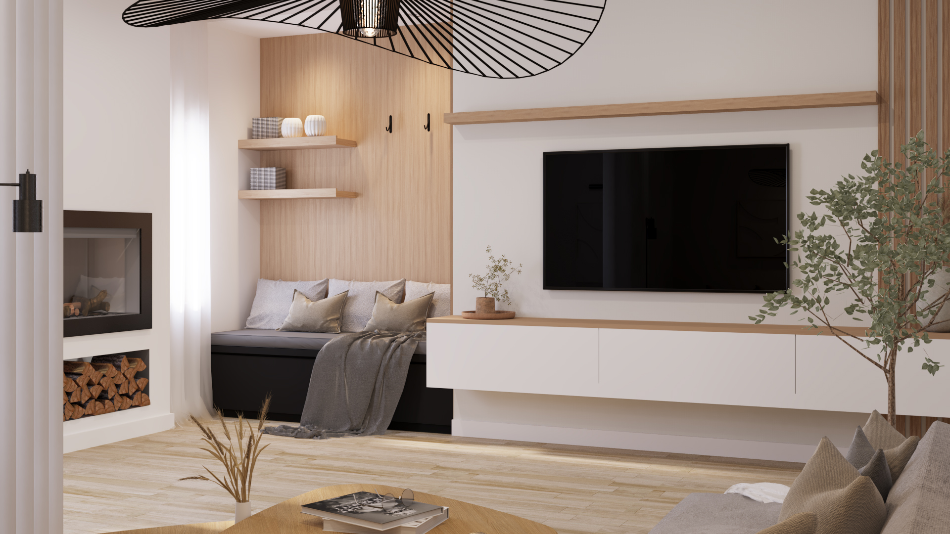 Render 3D: estar con pantalla y mobiliario claro