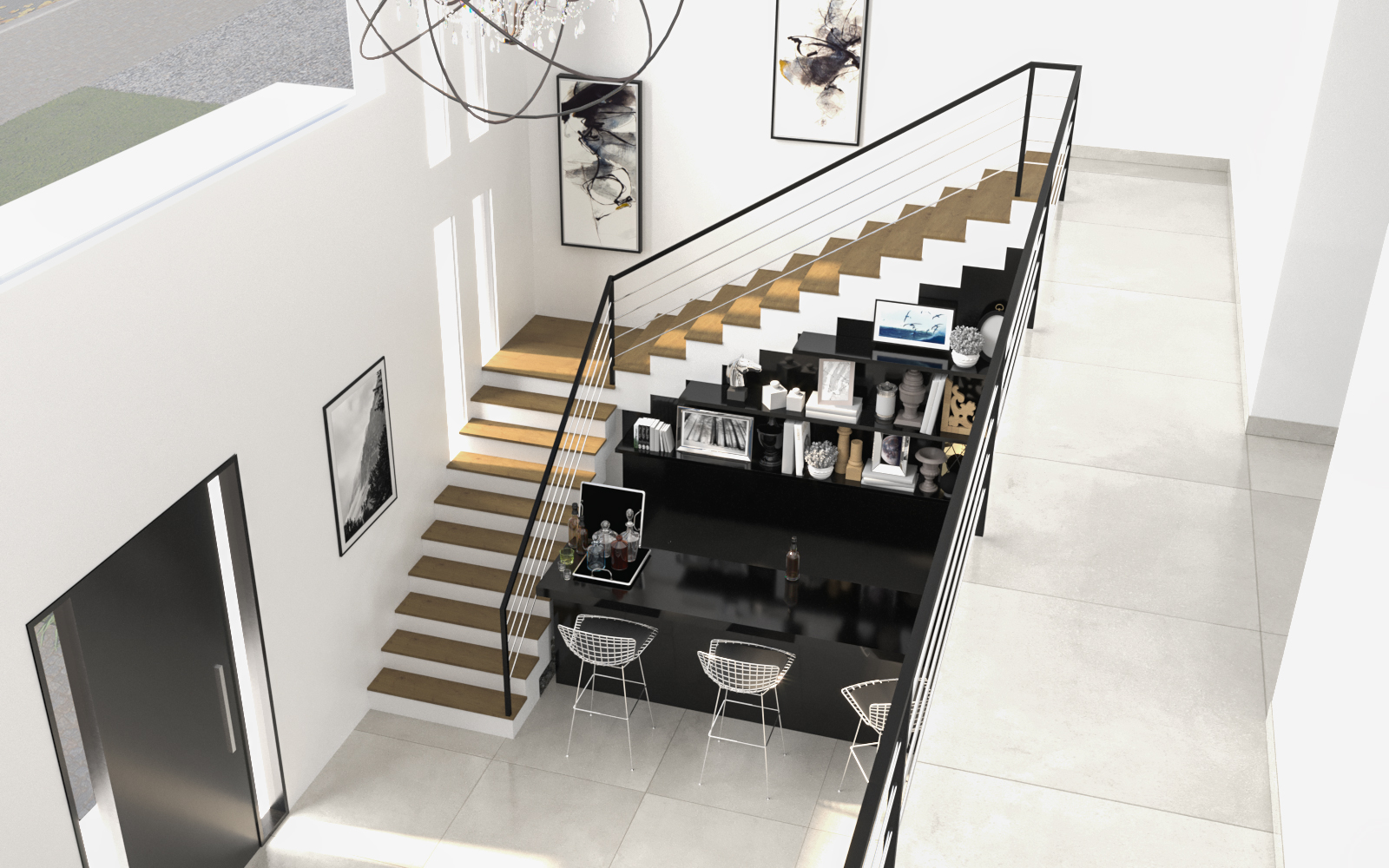 Render 3D: escalera con baranda de vidrio y mueble inferior