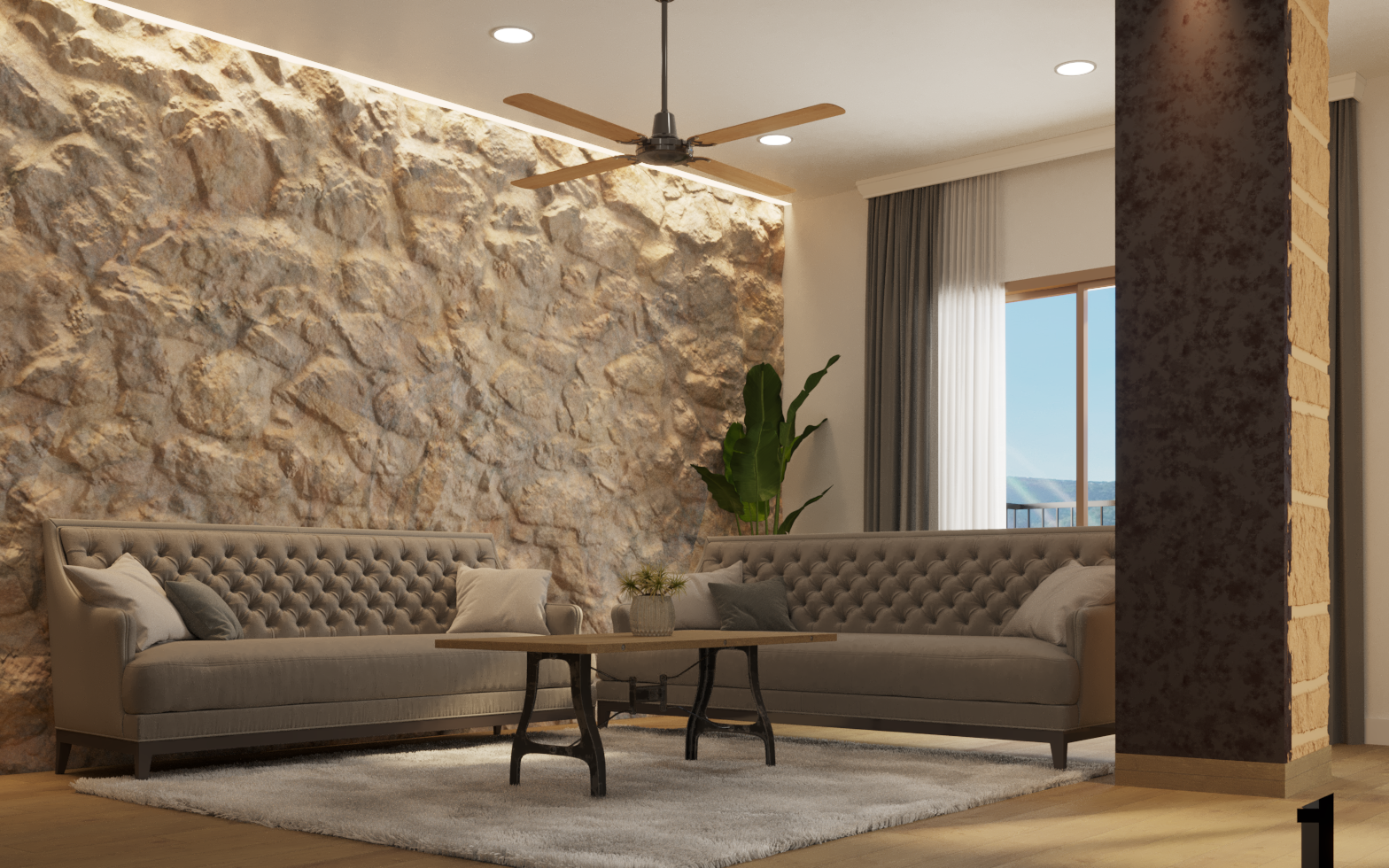 Render 3D: estar con pared de piedra y sofá