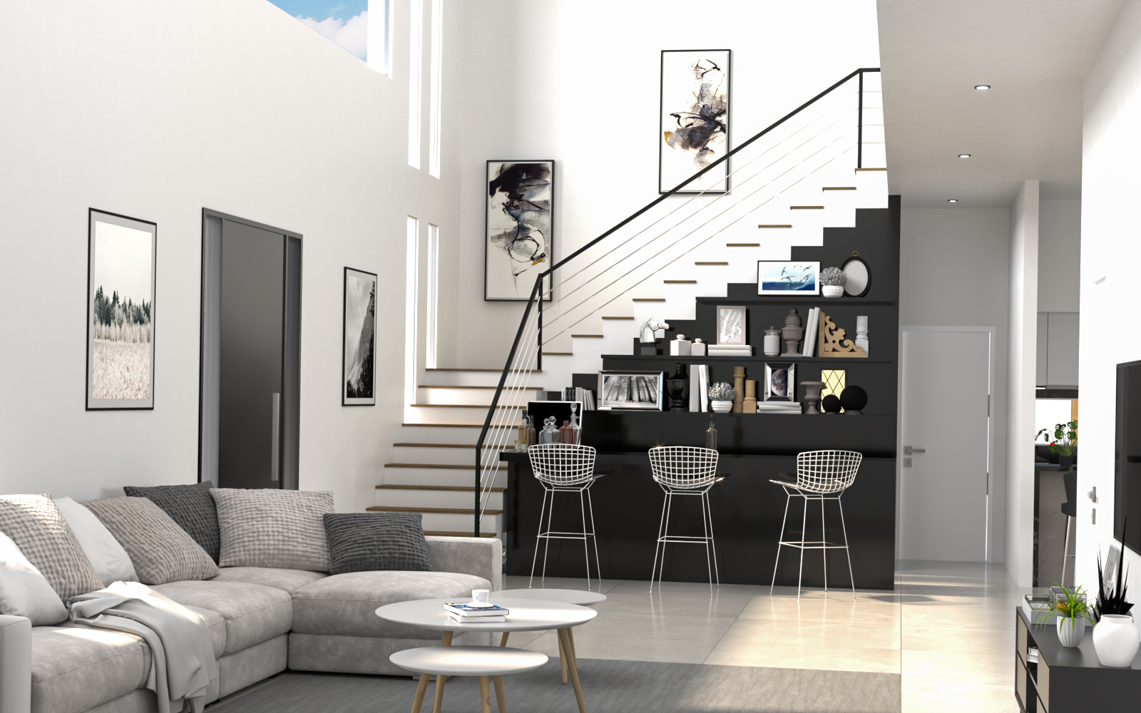 Render 3D: estar junto a escalera y baranda de vidrio
