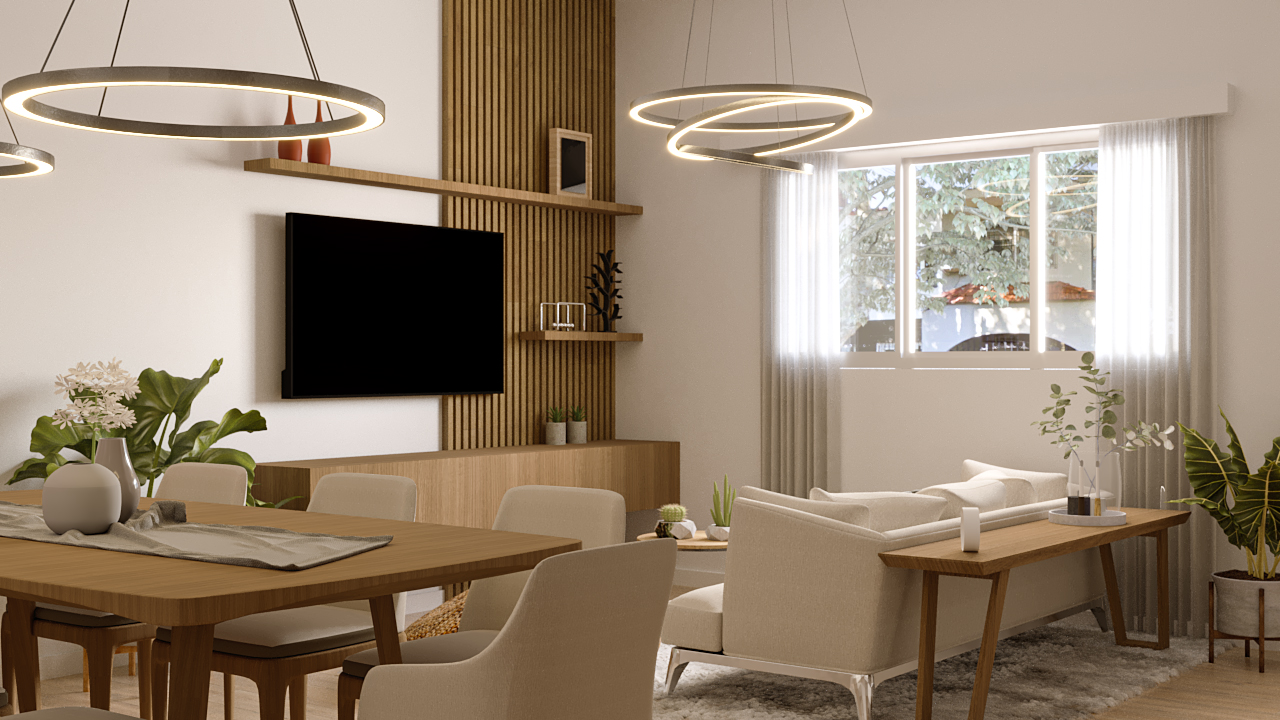 Render 3D: comedor y estar con mobiliario de madera