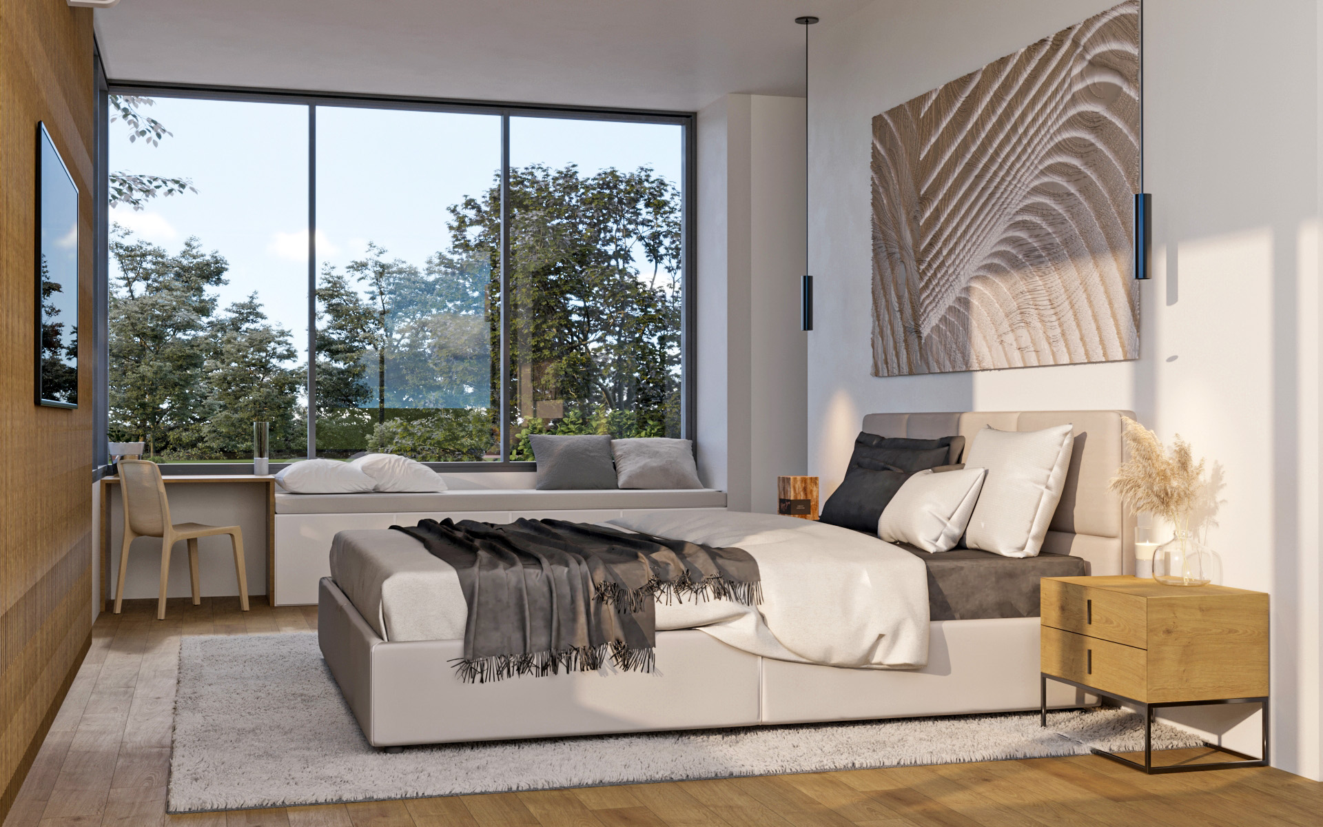 Render 3D: dormitorio con ventanal y sillón lateral