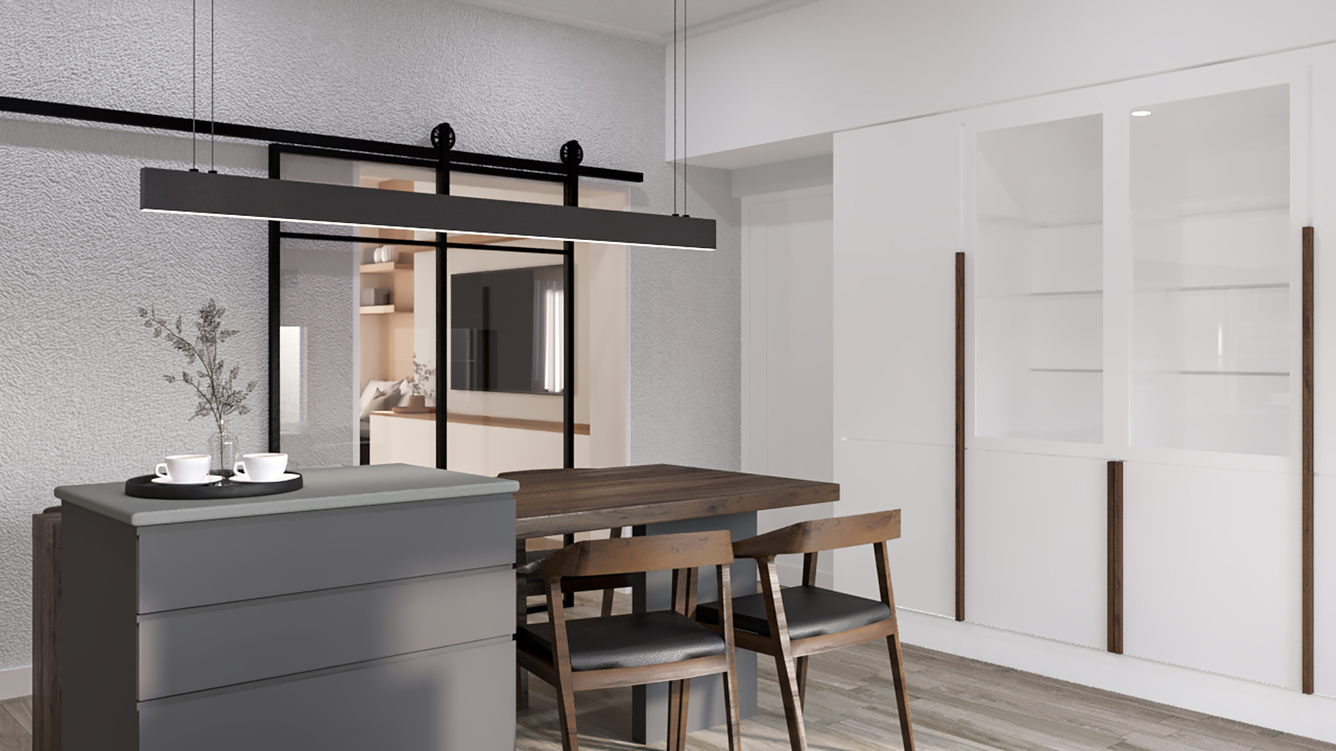 Render 3D: cocina con isla y puerta corrediza