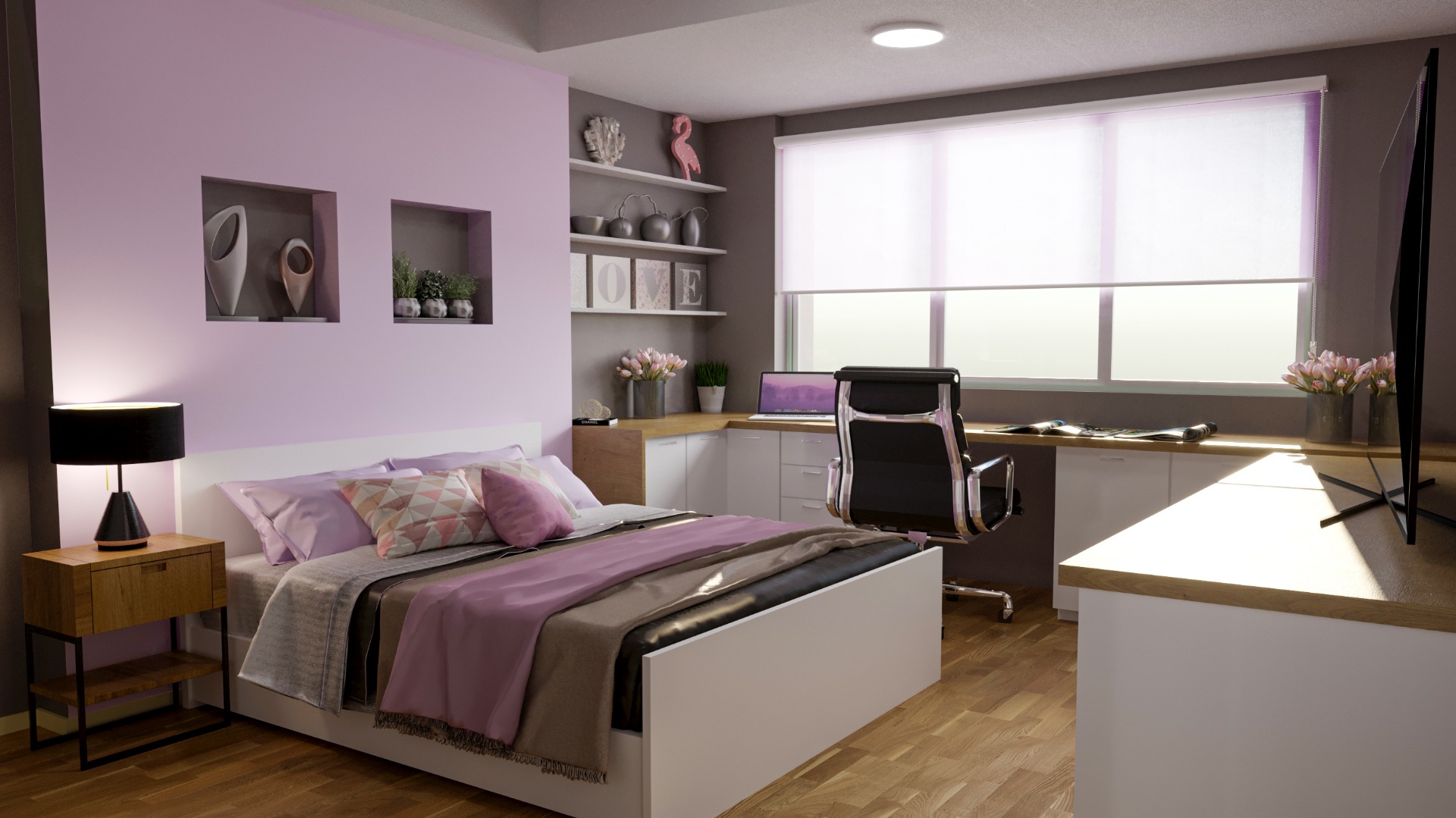Render 3D: dormitorio con cama y escritorio