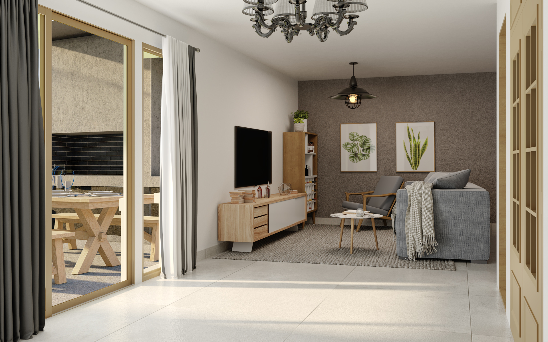 Render 3D: dormitorio claro con puertas hacia el comedor