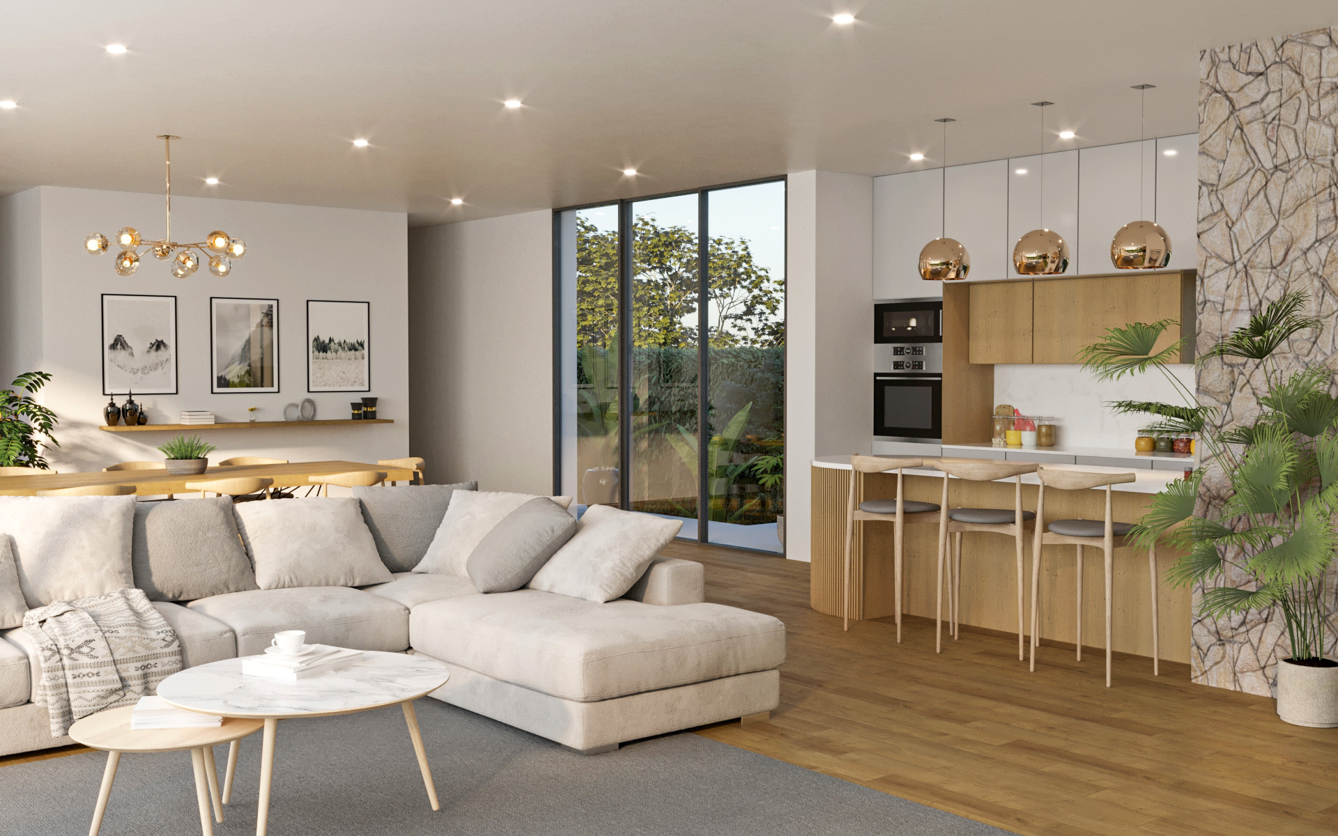 Render 3D: estar abierto con sofá, comedor y cocina
