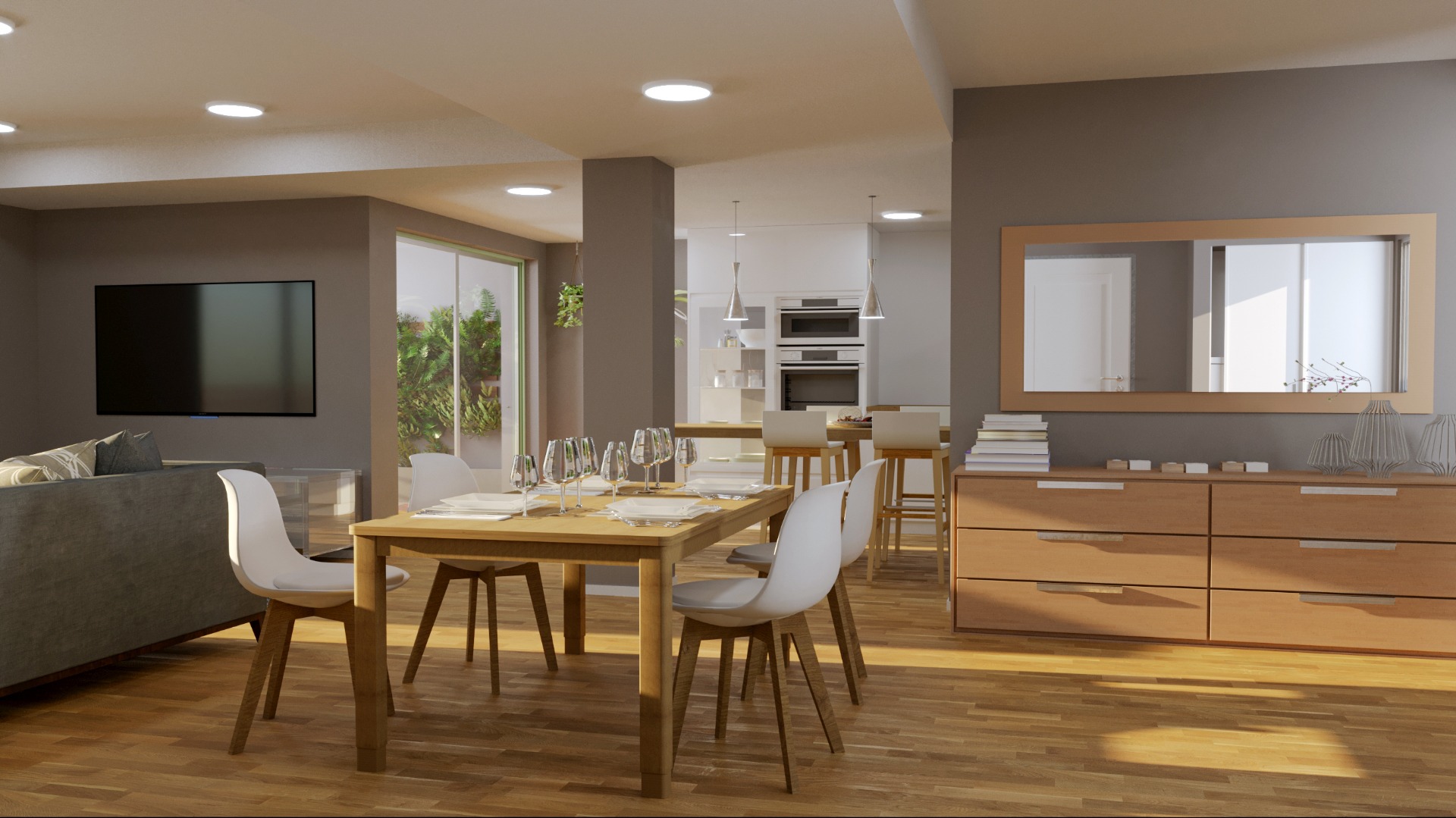 Render 3D: comedor junto a cocina con muebles de madera
