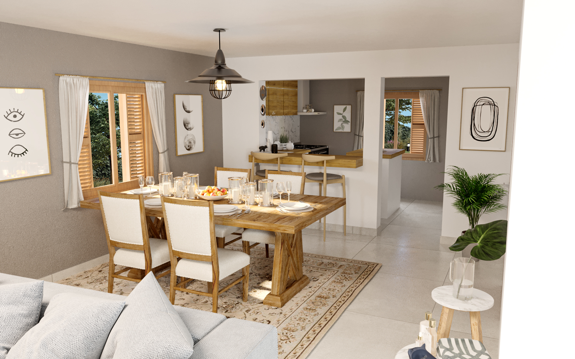 Render 3D: cocina comedor con mesas y lámparas