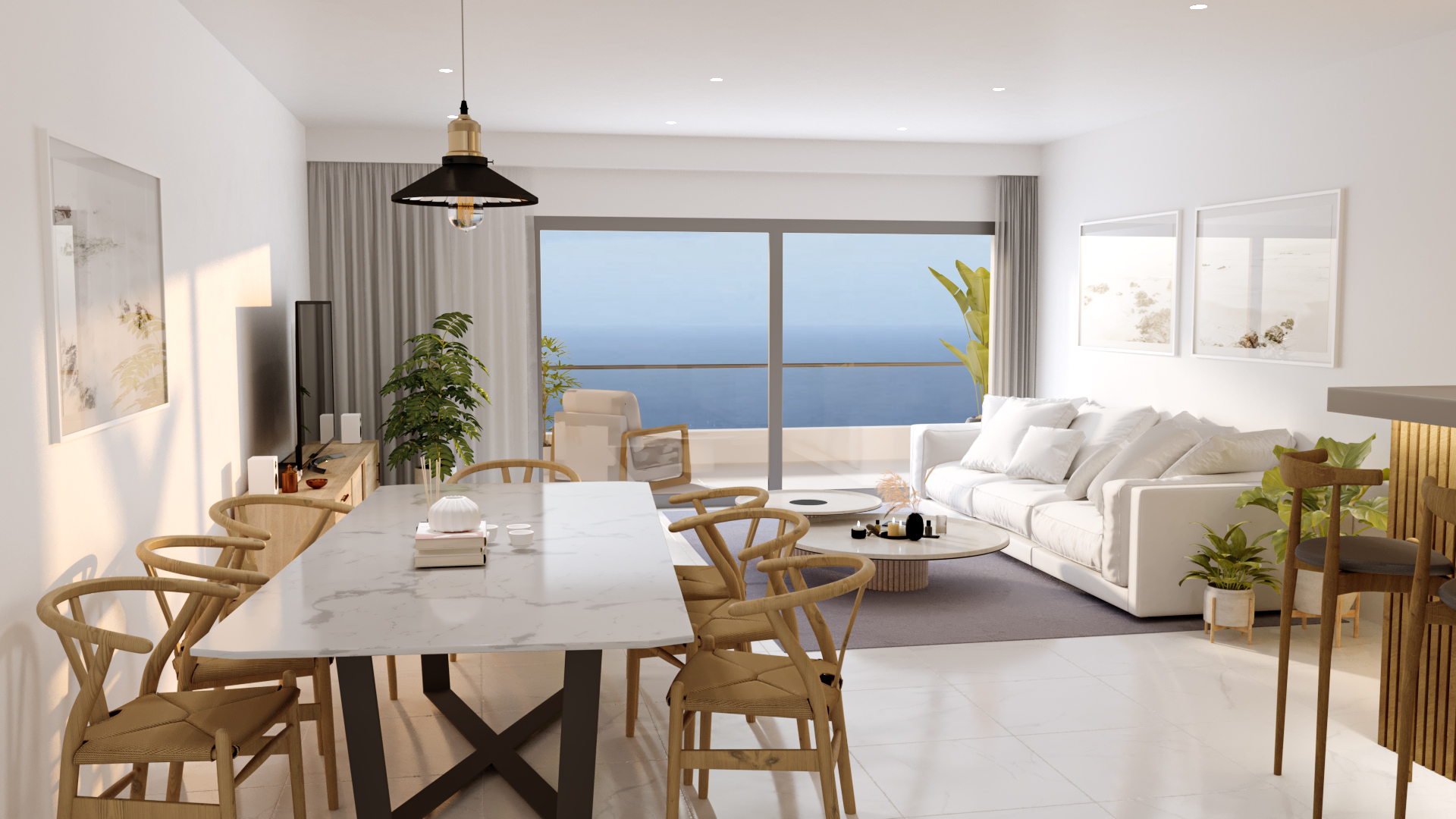 Render 3D: estar comedor luminoso con grandes ventanas