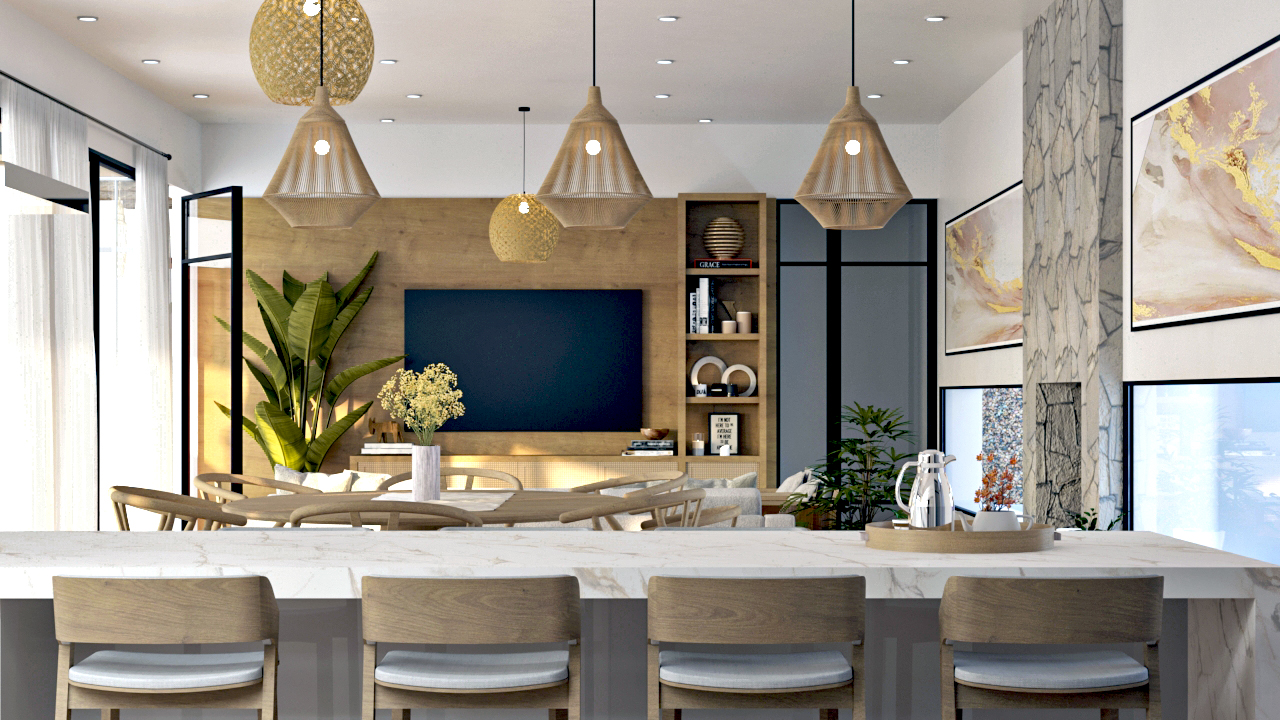 Render 3D: cocina con isla y lámparas colgantes