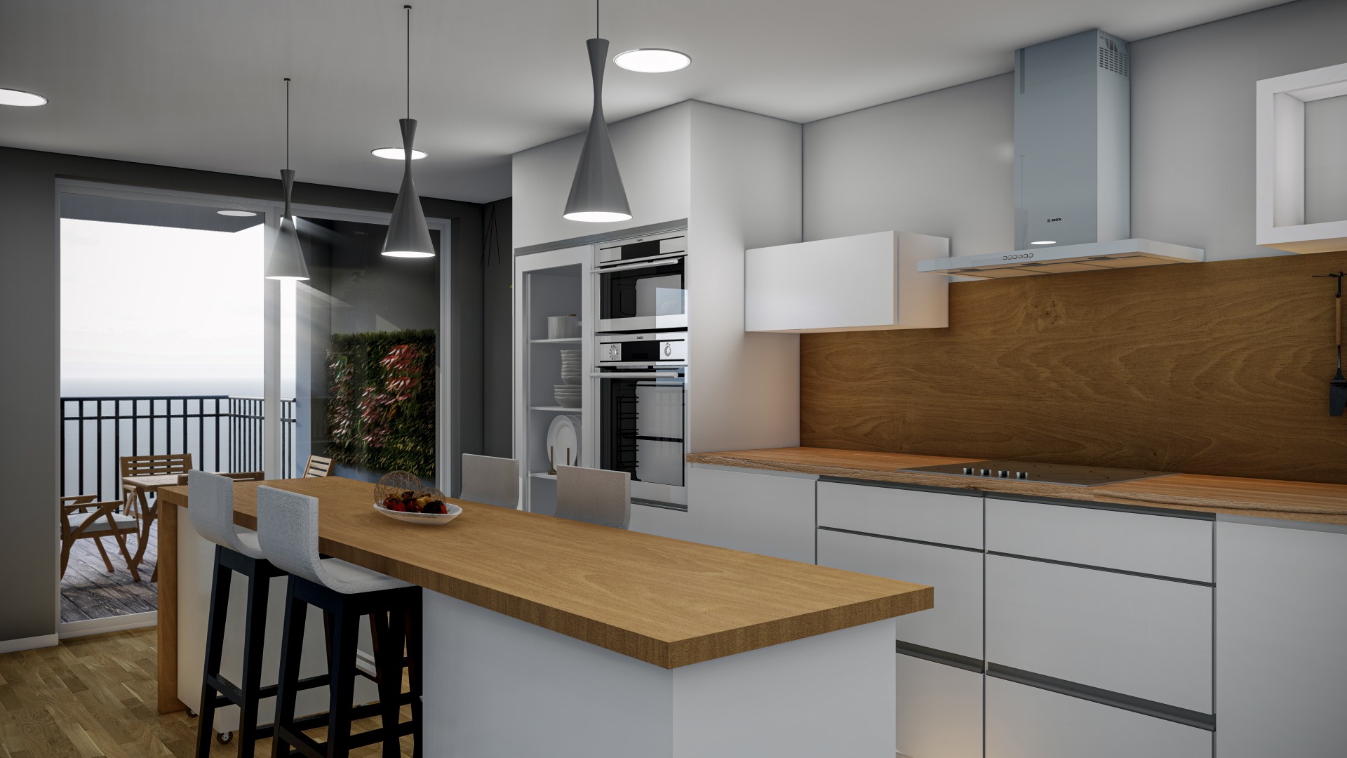 Render 3D: cocina con isla, madera y muebles grises