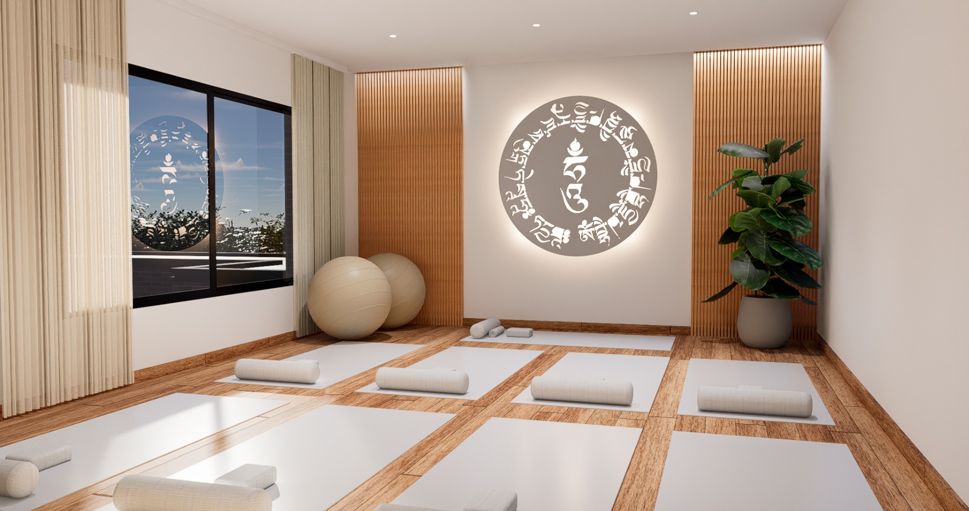 Render 3D: estar con alfombra y decoración de pared
