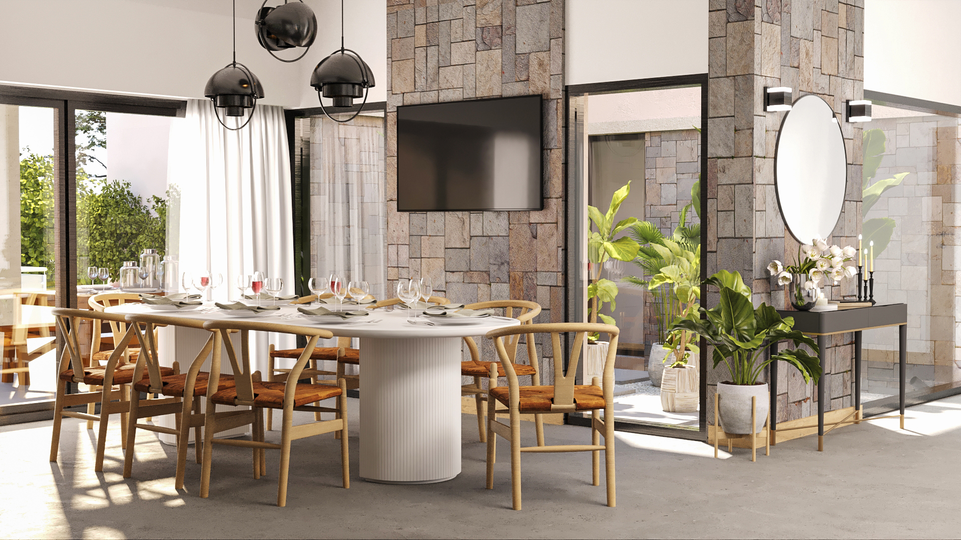 Render 3D: comedor abierto al jardín con lámparas