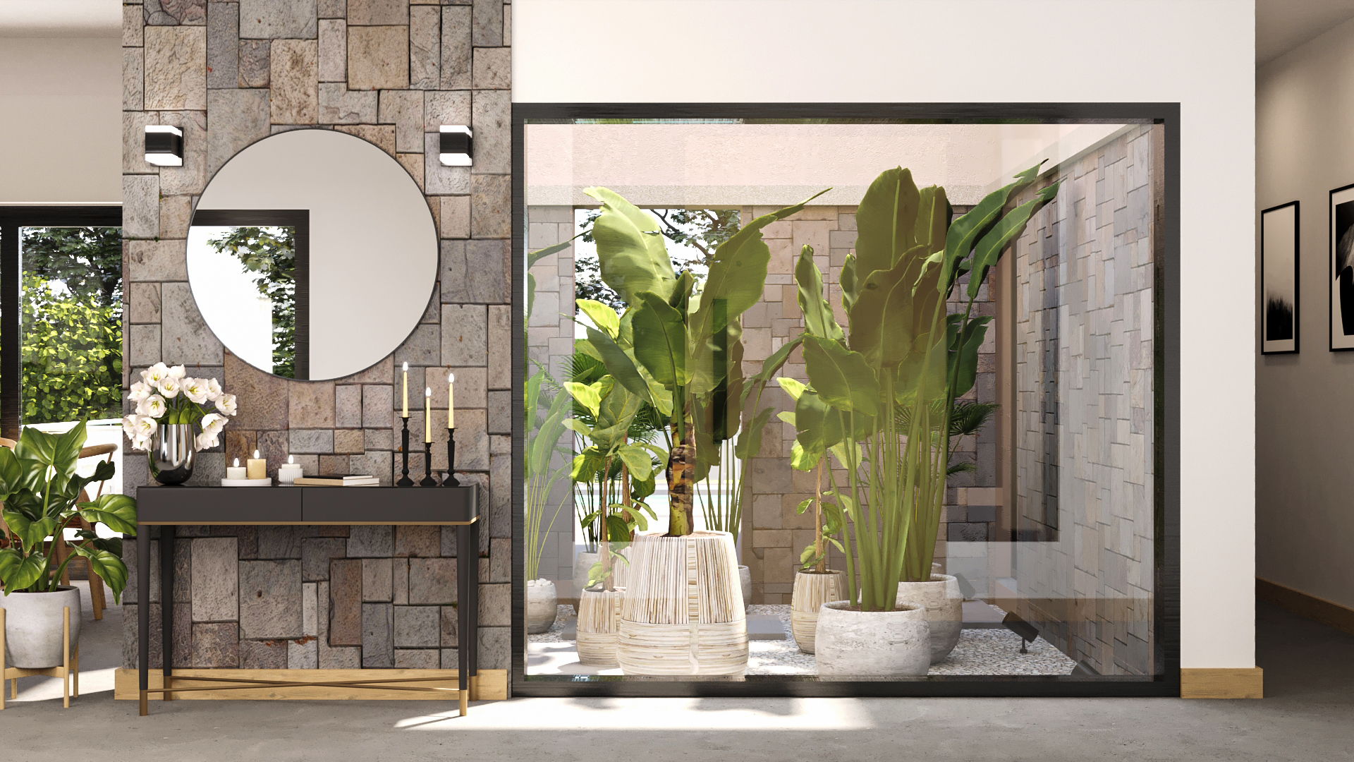 Render 3D: entrada y comedor con espejo redondo
