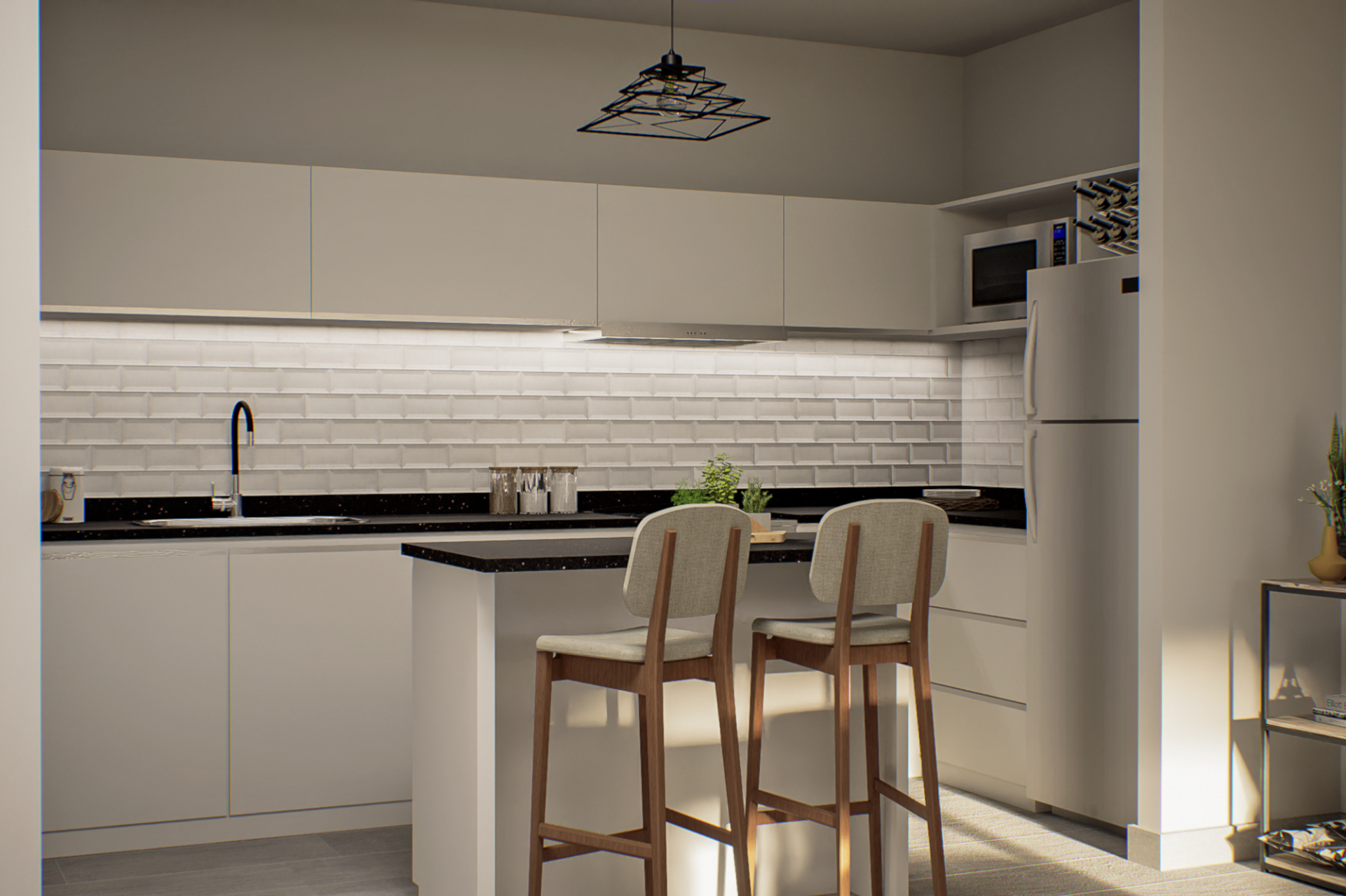 Render 3D: cocina clara con barra y taburetes