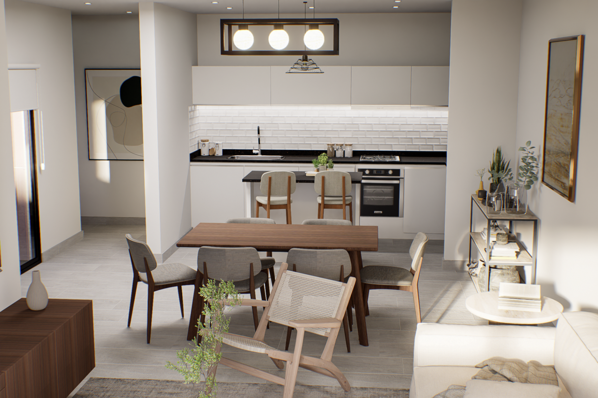 Render 3D: comedor entre estar y cocina