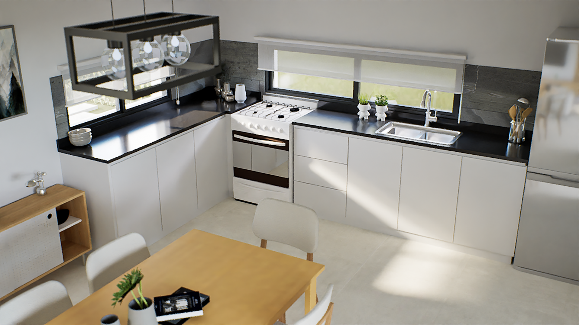 Render 3D: vista elevada de cocina con mesa