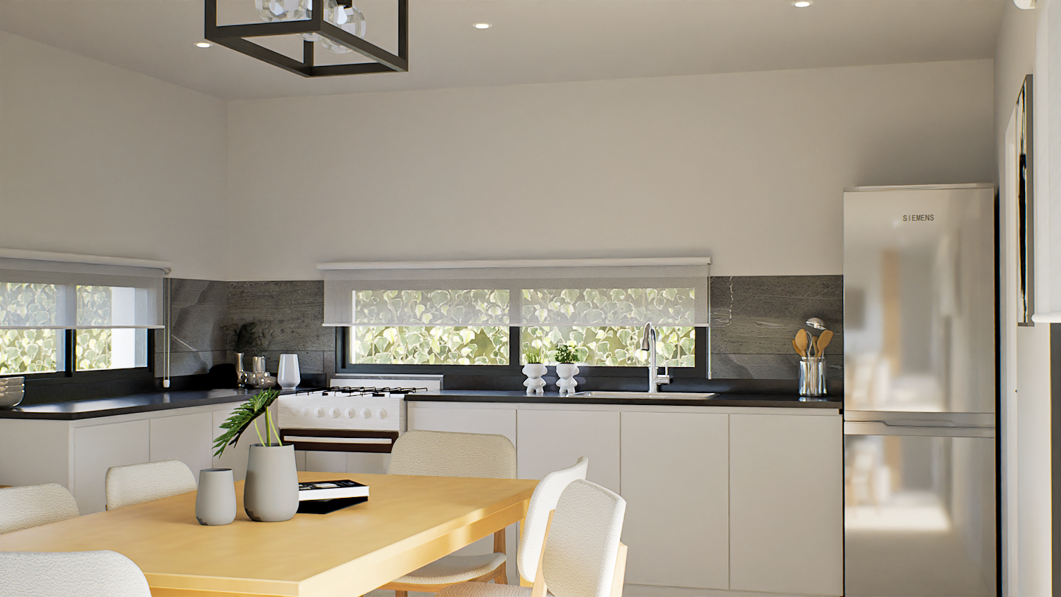 Render 3D: cocina abierta con muebles blancos y negros