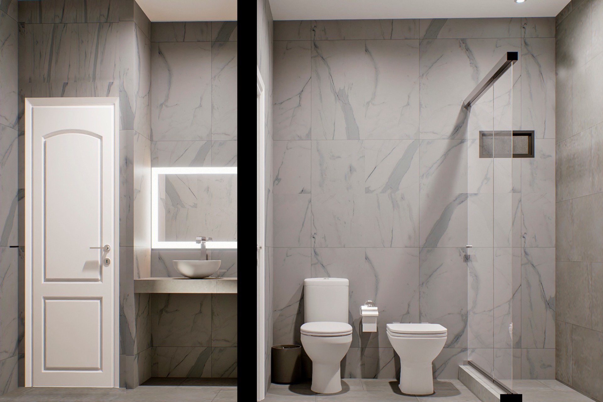 Render 3D: baño con ducha y revestimiento claro