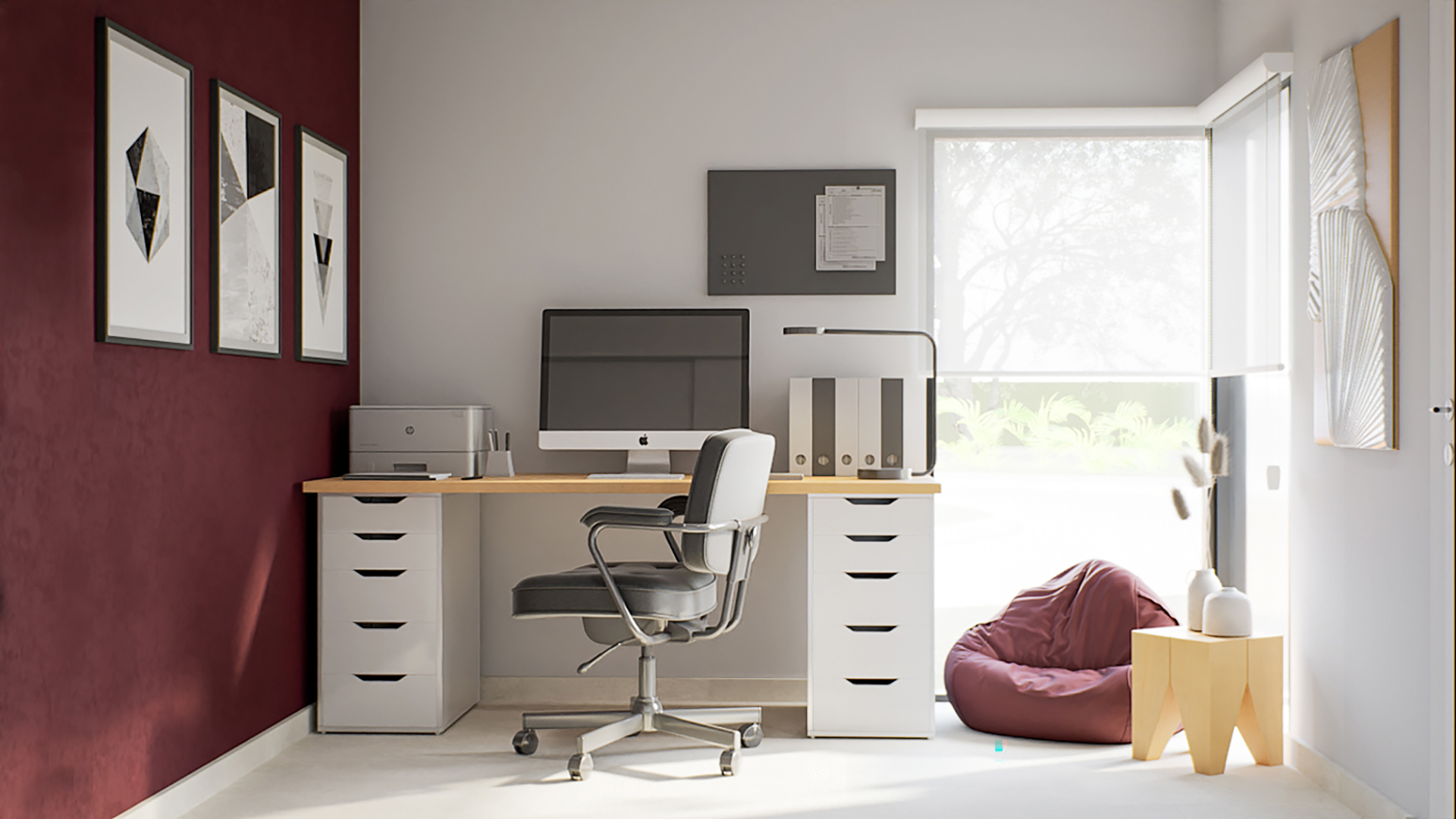 Render 3D: dormitorio con escritorio y pared roja