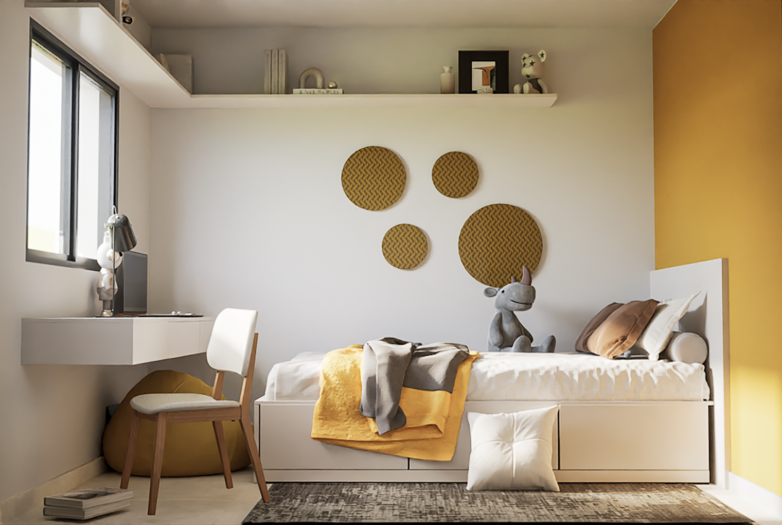 Render 3D: estar con sofá y detalles amarillos