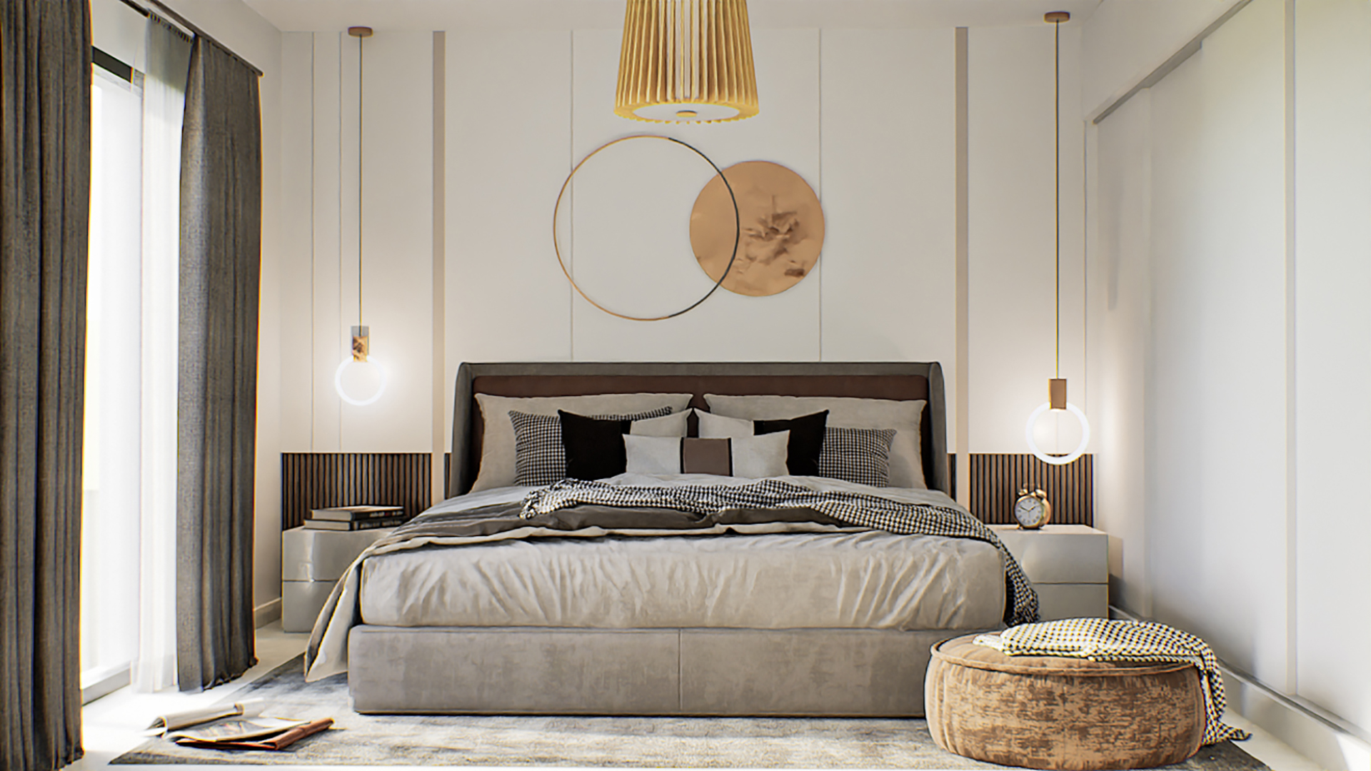 Render 3D: dormitorio con cama y cuadros
