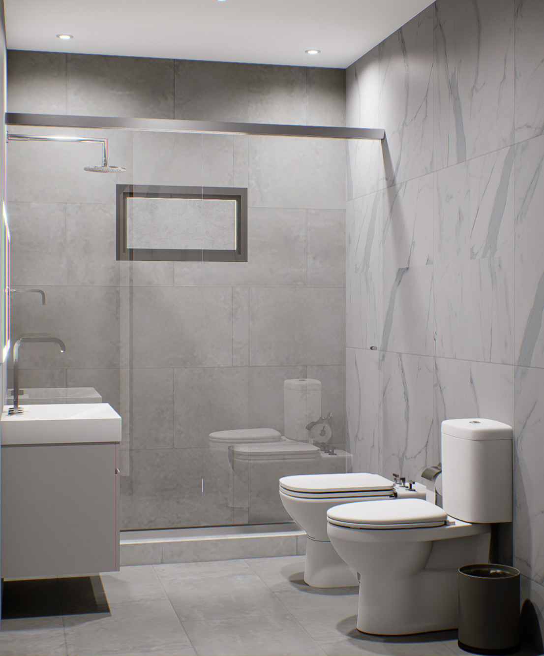 Render 3D: baño con ducha, inodoro y revestimiento gris