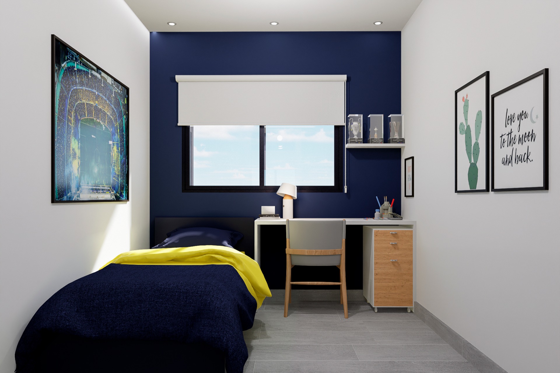 Render 3D: dormitorio con escritorio y pared azul