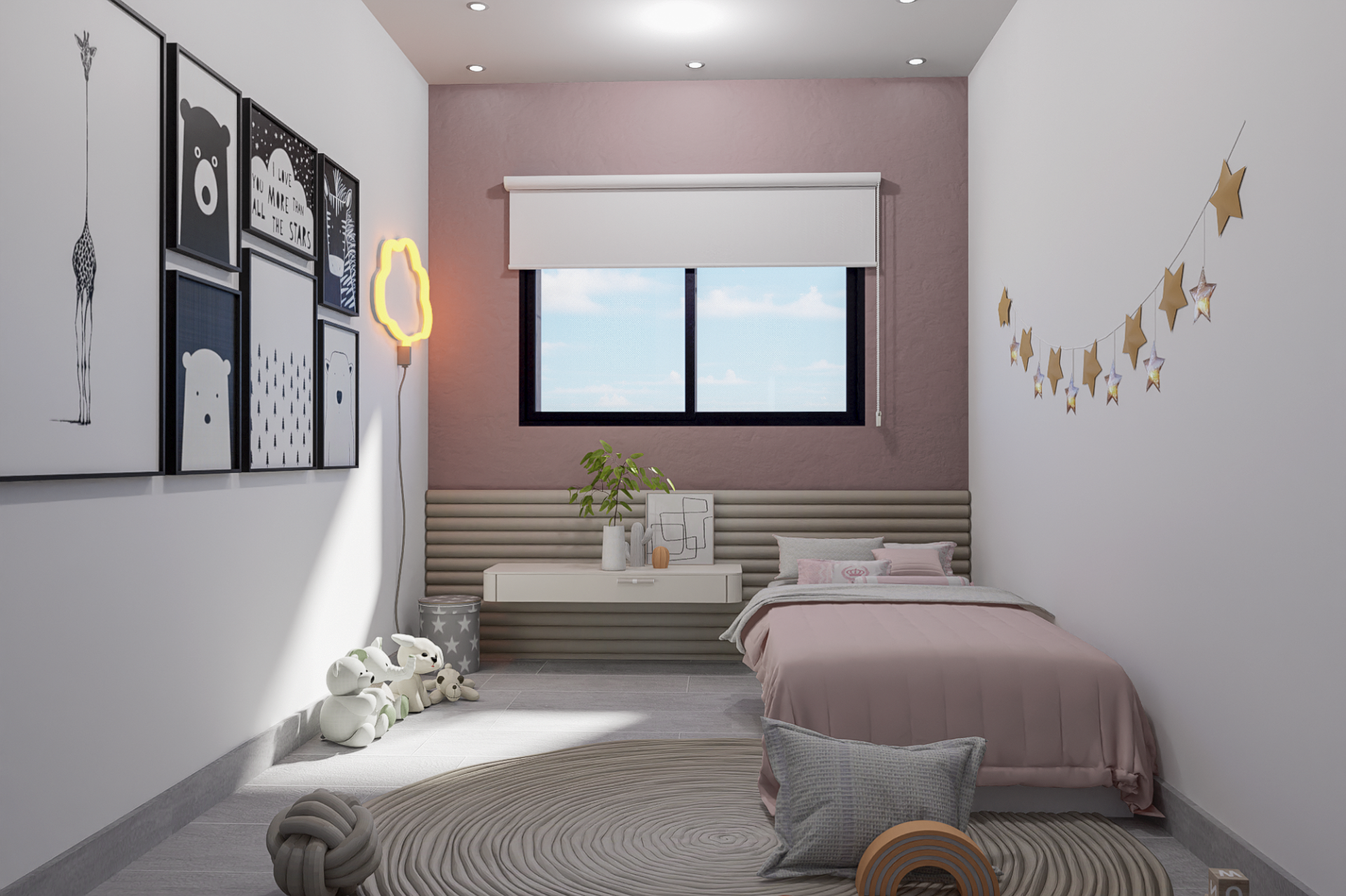 Render 3D: dormitorio con cama y pared rosada