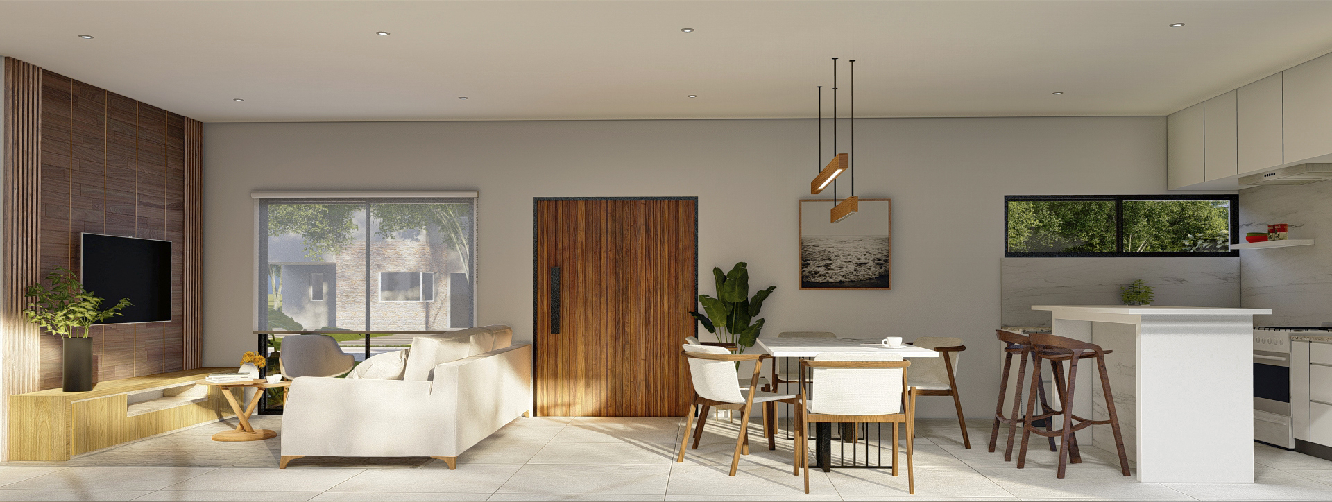 Render 3D: estar amplio integrado al comedor y cocina