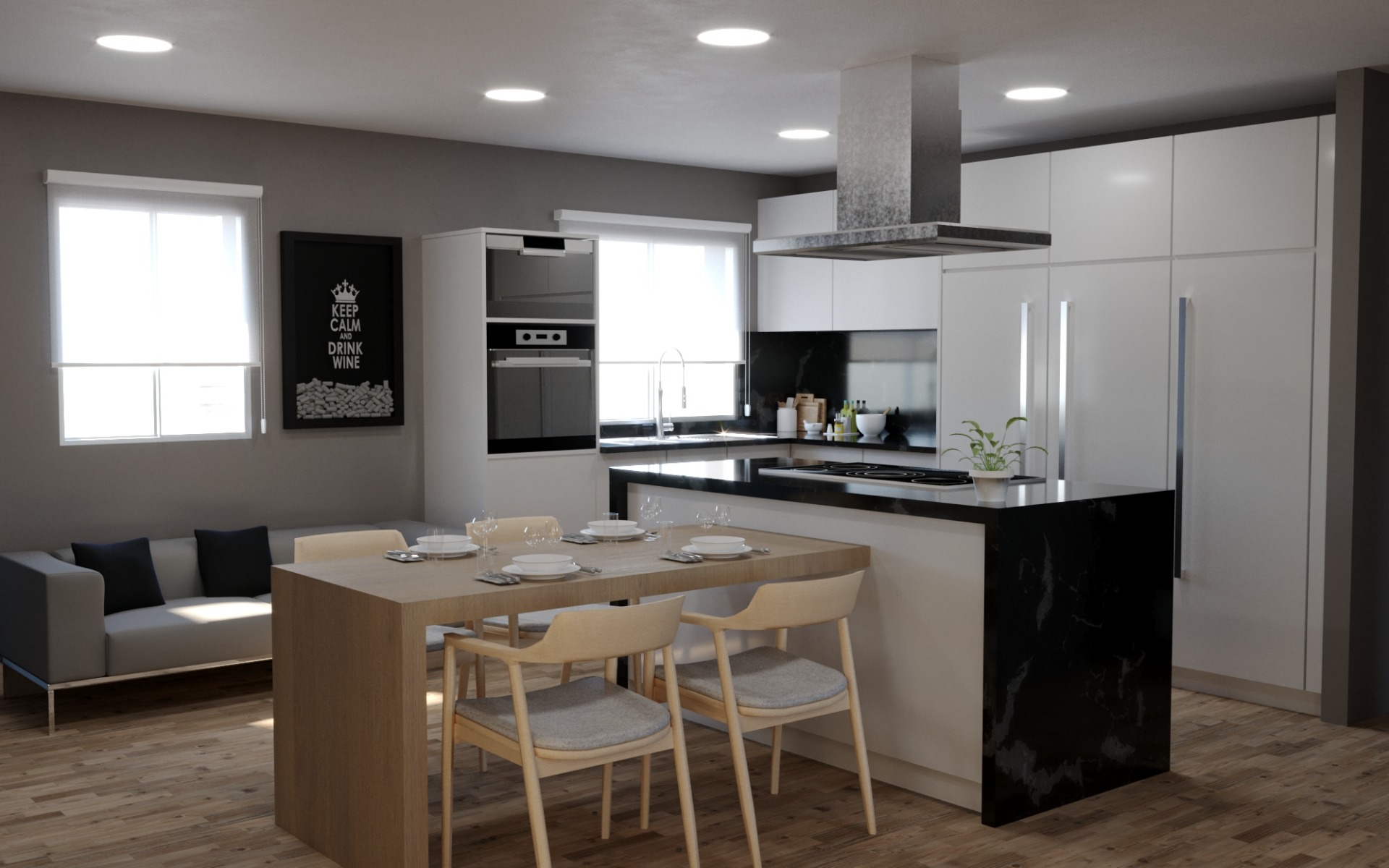 Render 3D: cocina con isla y muebles de madera
