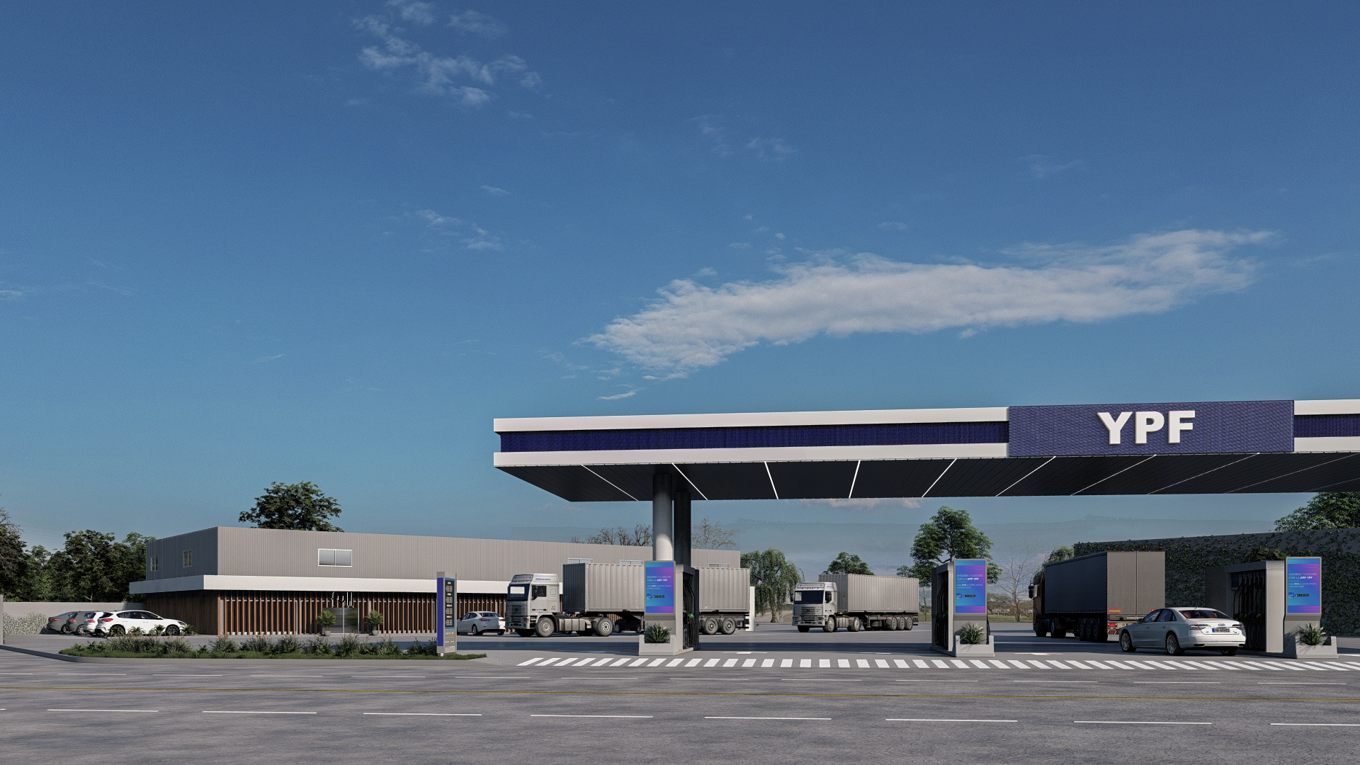 Render 3D: estación de servicio vista desde el acceso