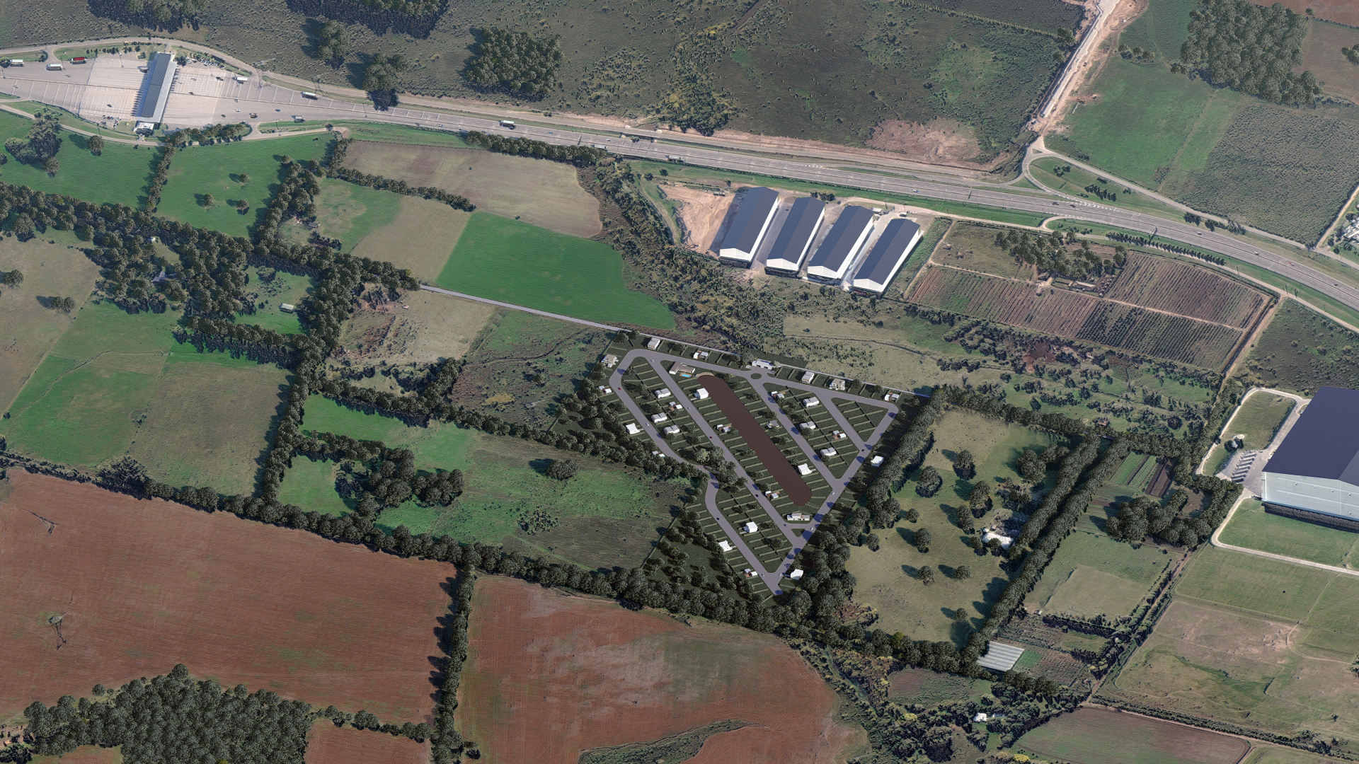 Render 3D: vista aérea de conjunto urbano y entorno