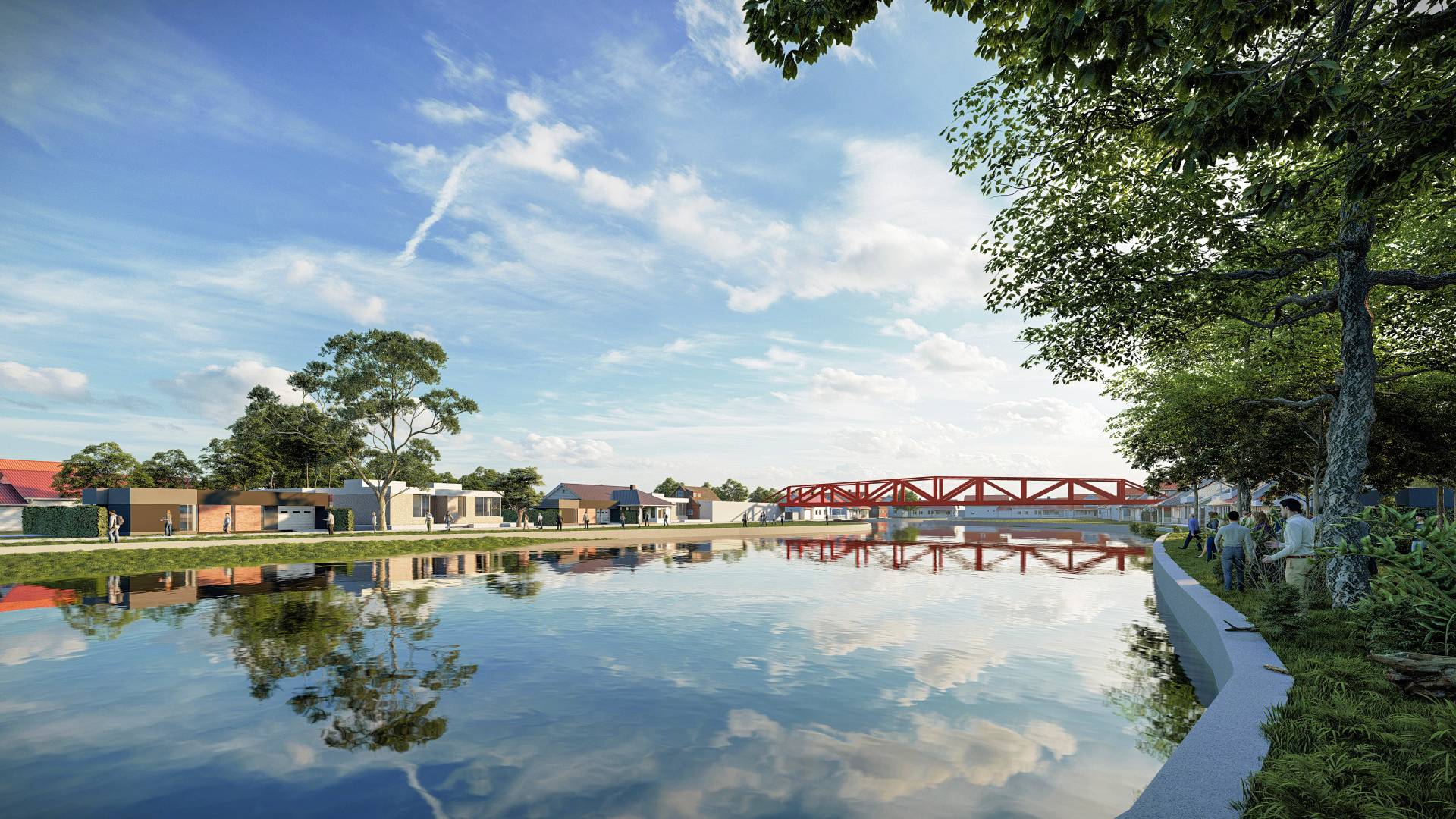 Render 3D: vista de paisaje con agua y pasarela