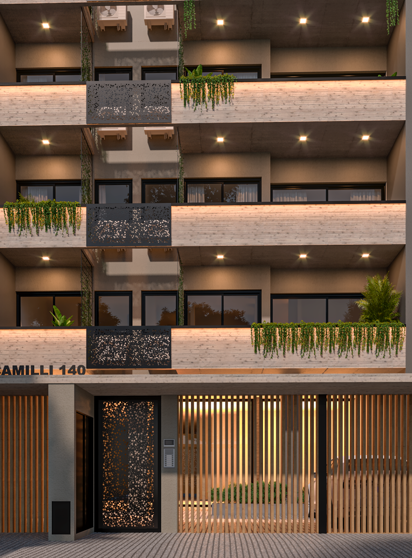 Render 3D: detalle de edificio con balcones e iluminación
