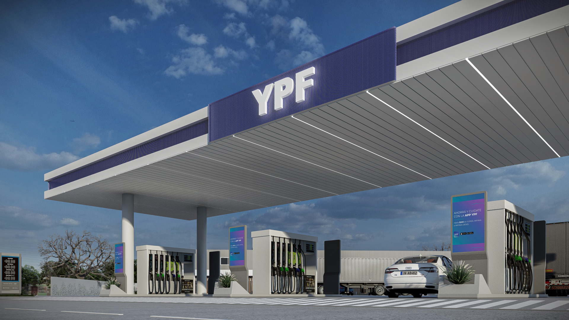 Render 3D: cubierta y surtidores de estación de servicio