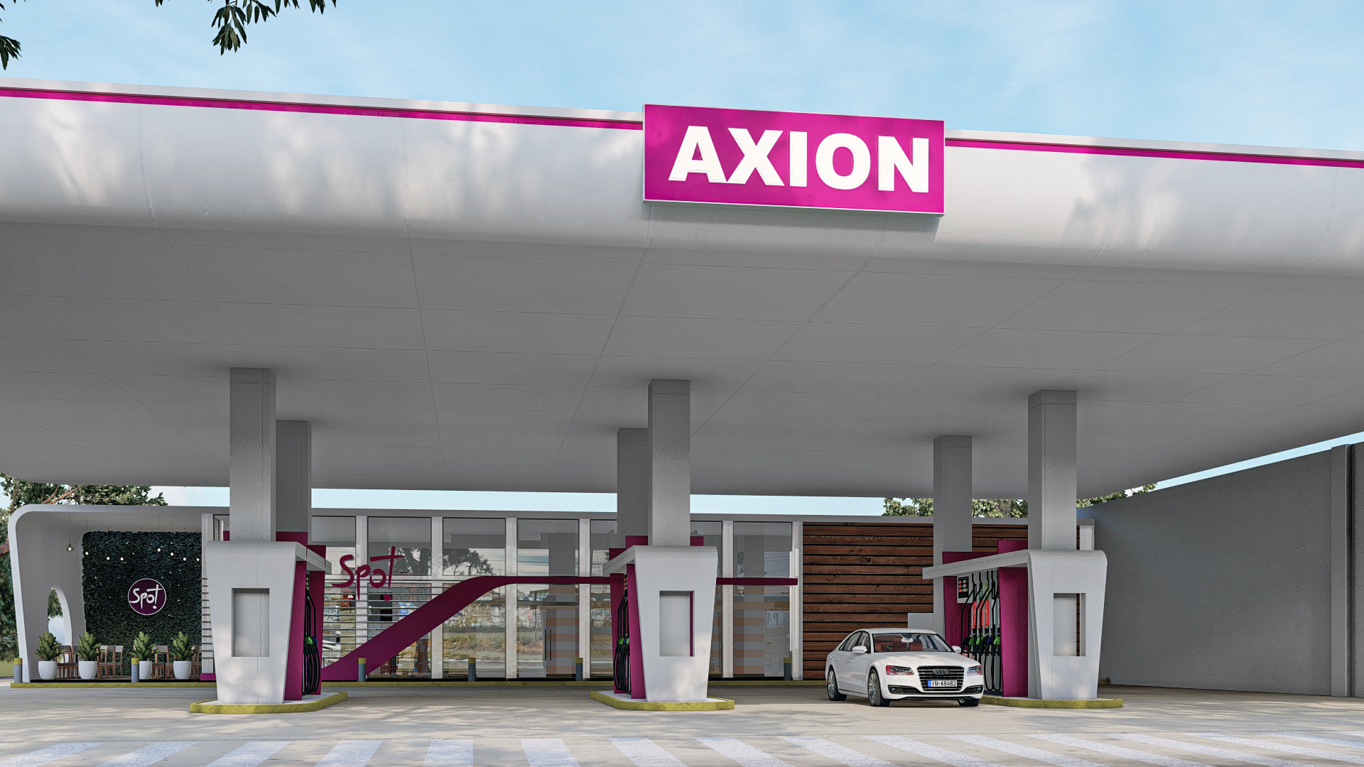 Render 3D: estación de servicio vista desde la calle